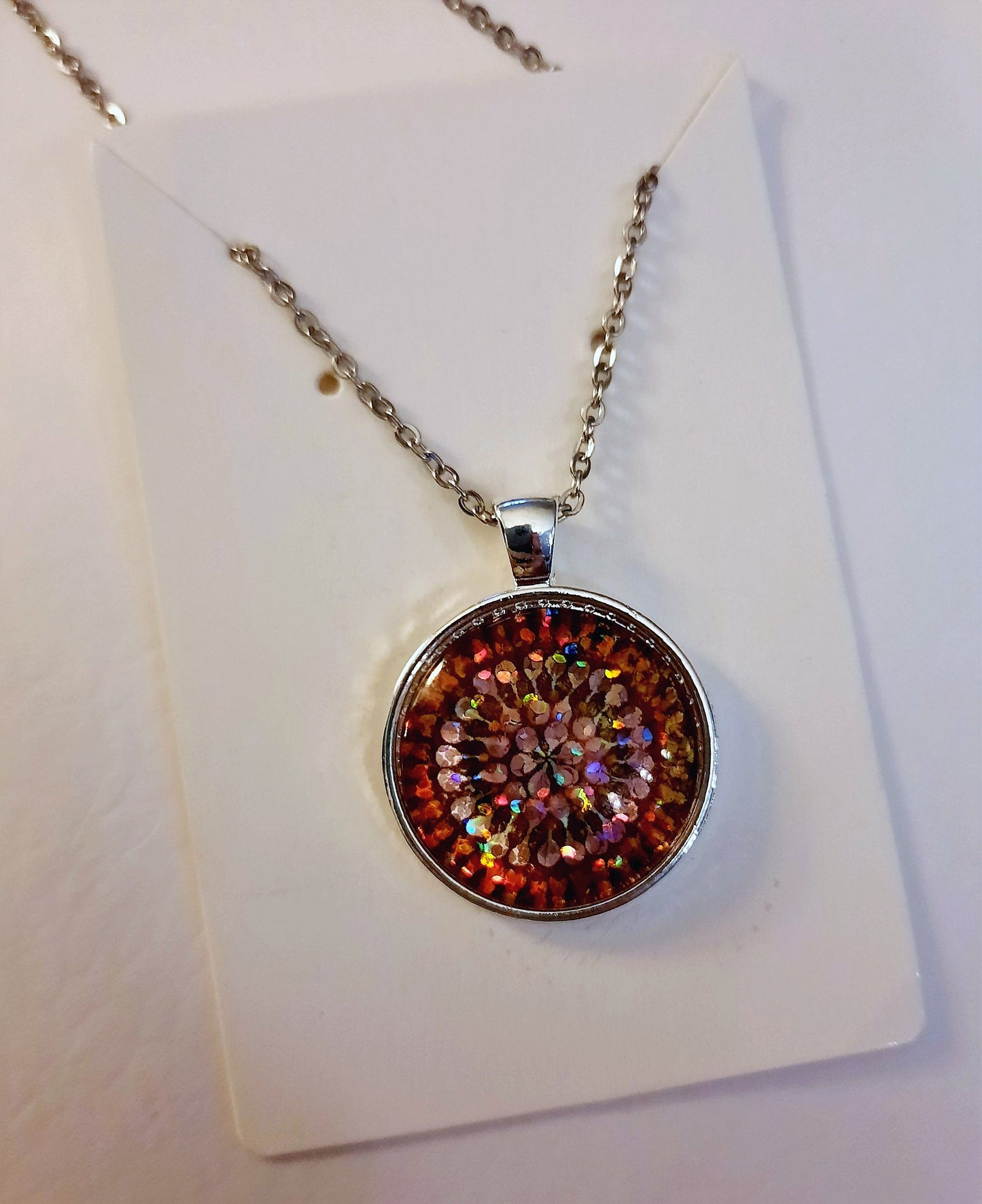 Handcrafted Glitter Mandala Pattern Design - Glass Cabochon Stainless Steel - Tibetan Style or Plain Pendant Necklace - Alloy, Silver Plated