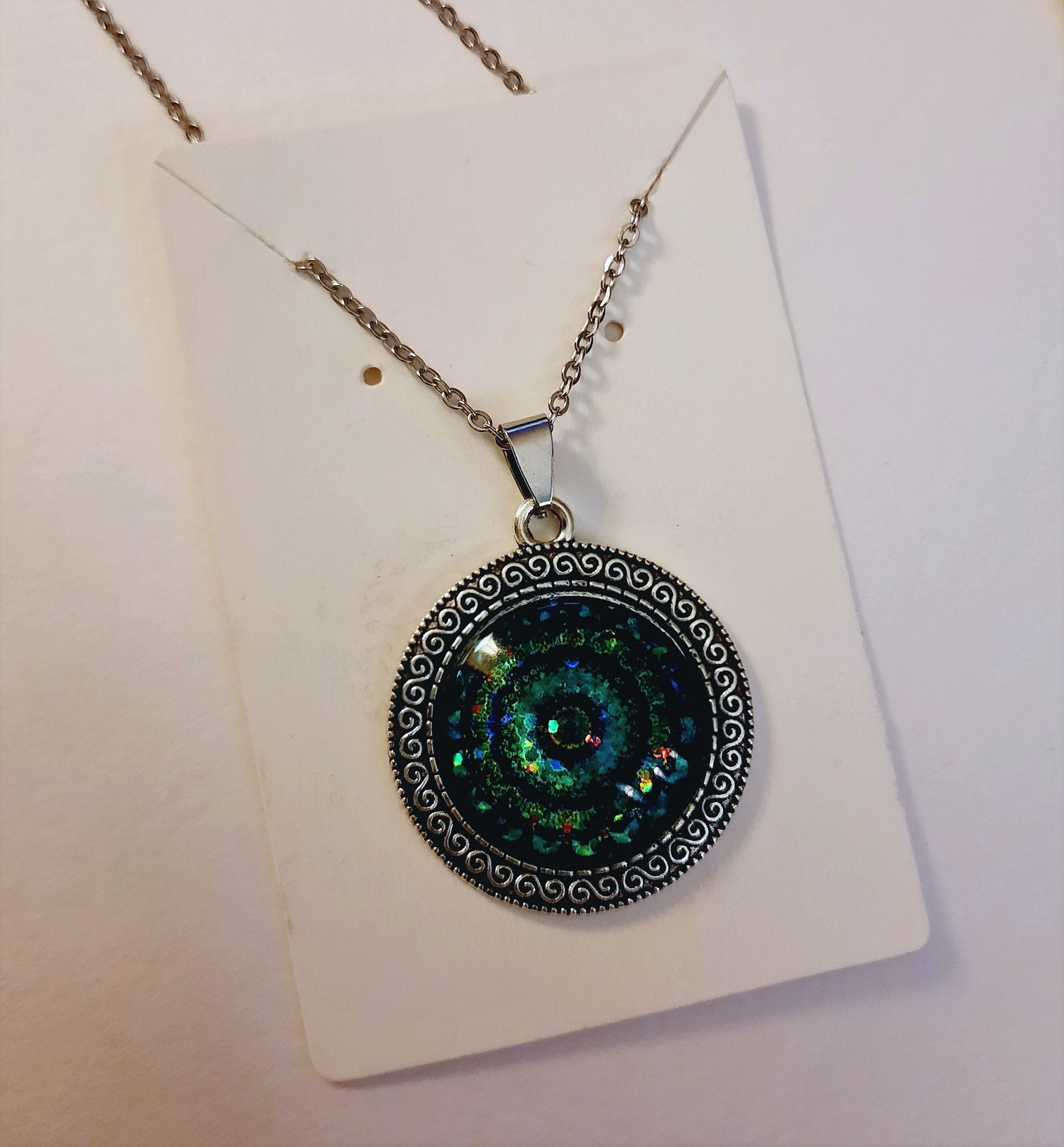 Handcrafted Glitter Mandala Pattern Design - Glass Cabochon Stainless Steel - Tibetan Style or Plain Pendant Necklace - Alloy, Silver Plated