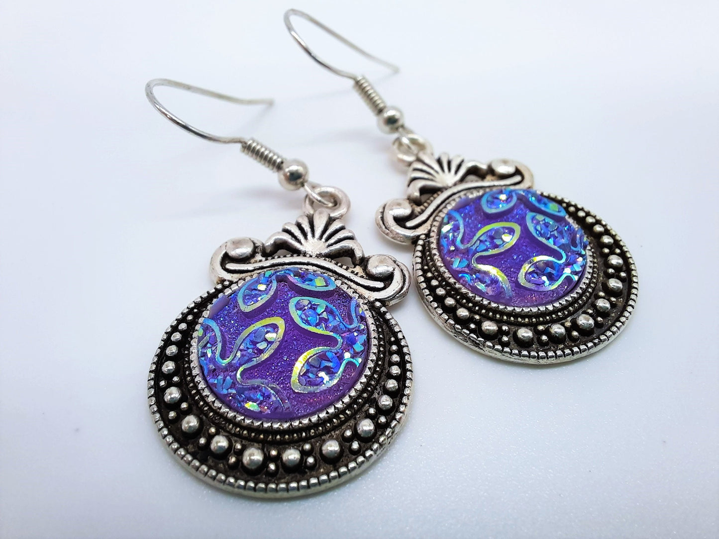 Iridescent Purple Glittery Sparkle Resin Earrings / Antique Tibetan Look / Made with Hypo-allergenic Stainless Steel Hooks