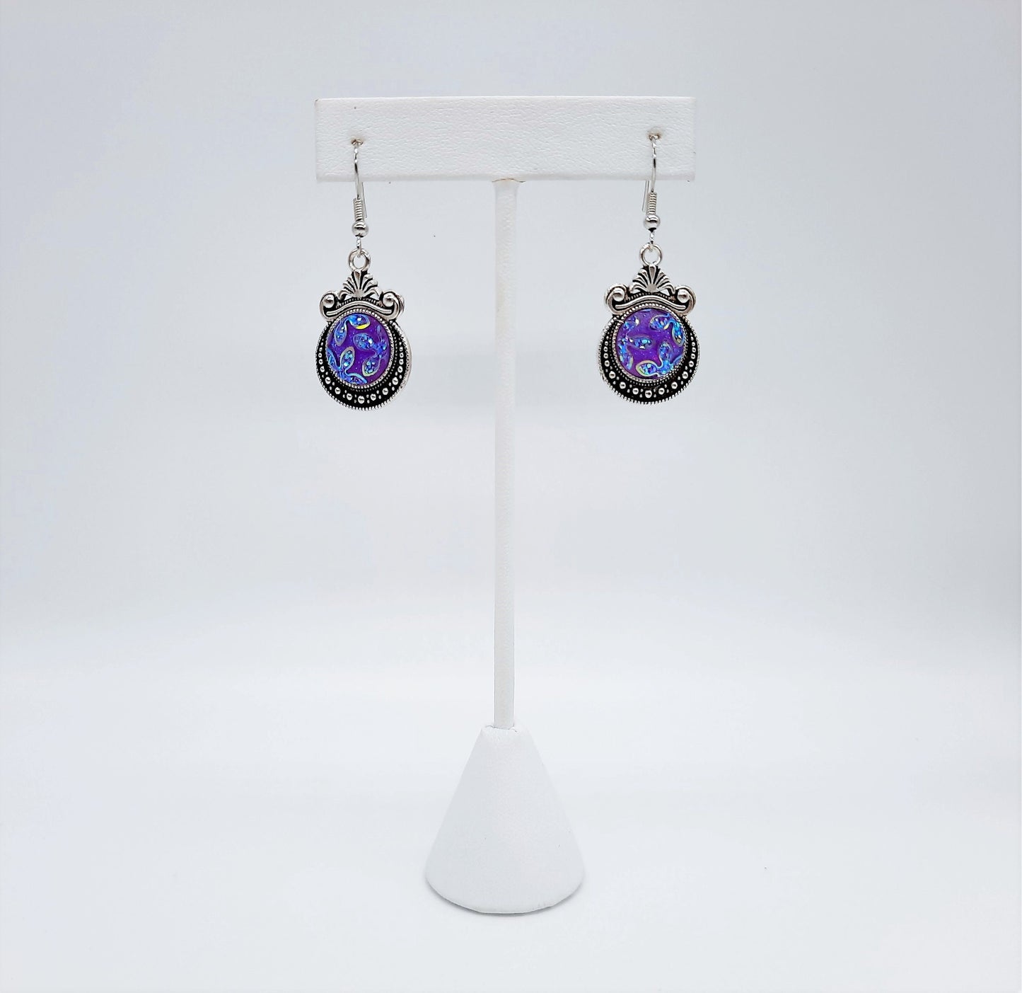 Iridescent Purple Glittery Sparkle Resin Earrings / Antique Tibetan Look / Made with Hypo-allergenic Stainless Steel Hooks