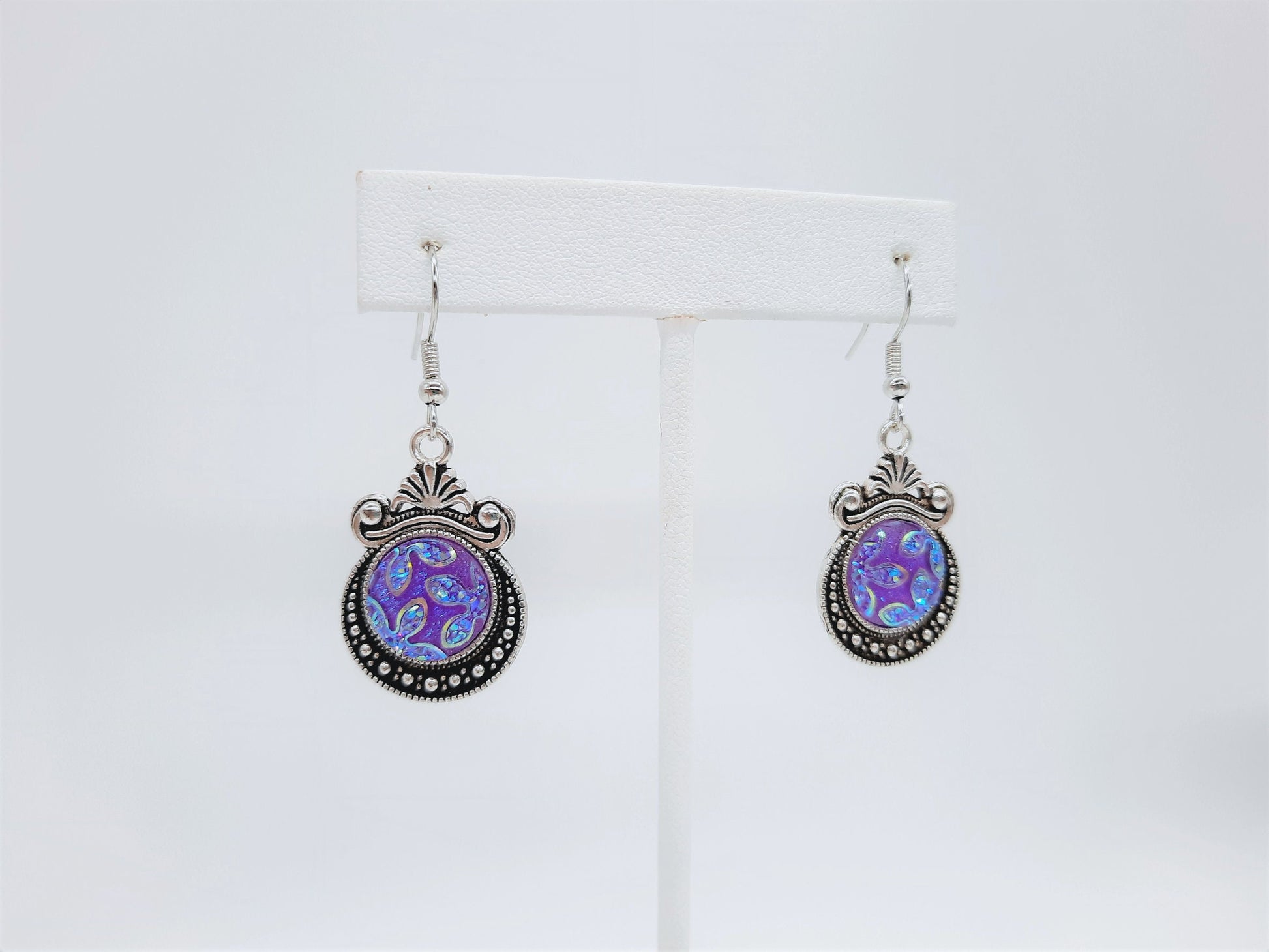 Iridescent Purple Glittery Sparkle Resin Earrings / Antique Tibetan Look / Made with Hypo-allergenic Stainless Steel Hooks