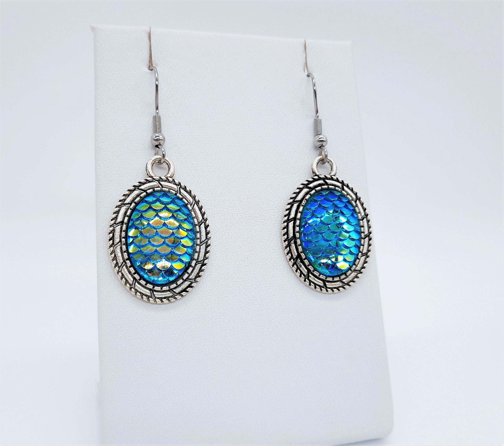 Blue Iridescent Oval Mermaid Scale / Dragon Scale / Fish Scale Earrings / Antique Tibetan Look / Made with Hypoallergenic Stainless Steel