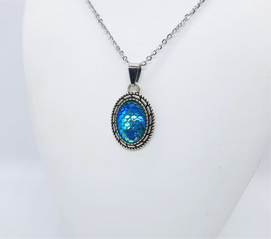 Iridescent Blue Oval Mermaid Scale / Dragon Scale / Fish Scale Pendant Necklace / Antique Tibetan Look / Made with Hypoallergenic Steel