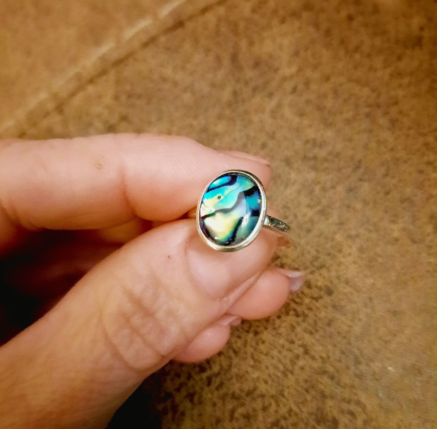 Handmade / Handcrafted 925 Sterling Silver Natural Abalone / Paua Seashell Ring, Oval, Sealed with Holographic Mica Infused Resin