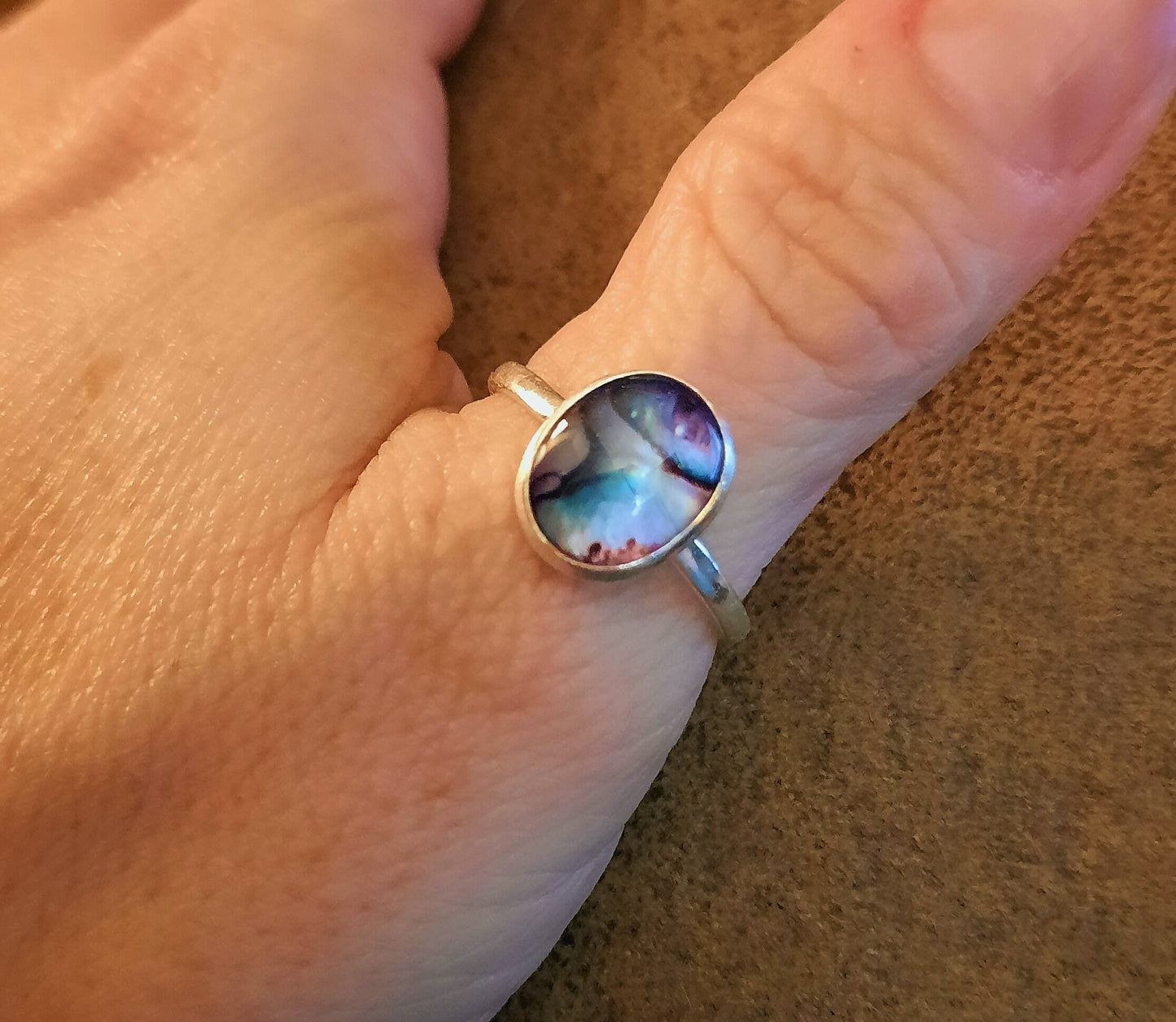 Handmade / Handcrafted 925 Sterling Silver Natural Purple Abalone / Paua Seashell Ring, Oval, Sealed with Holographic Mica Infused Resin