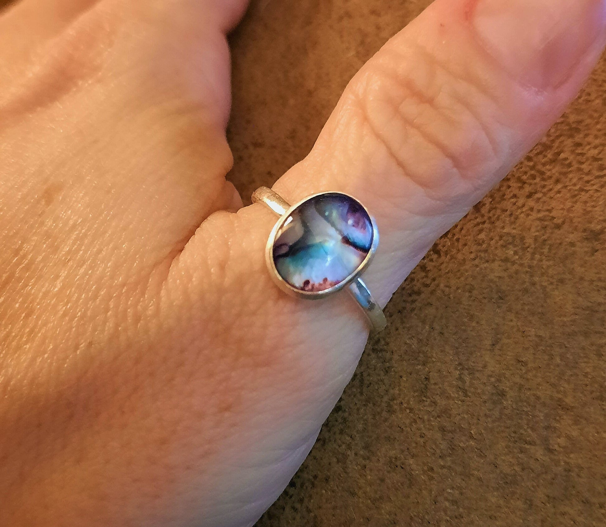 Handmade / Handcrafted 925 Sterling Silver Natural Purple Abalone / Paua Seashell Ring, Oval, Sealed with Holographic Mica Infused Resin