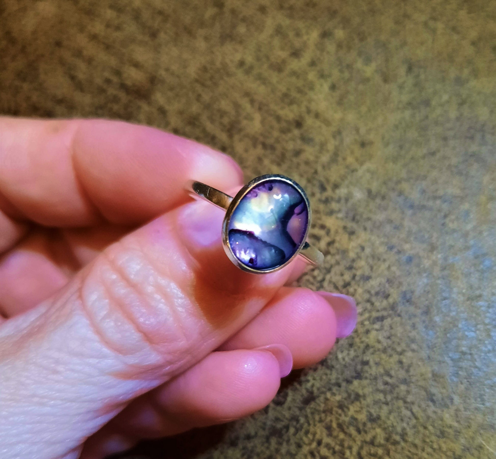 Handmade / Handcrafted 925 Sterling Silver Natural Purple Abalone / Paua Seashell Ring, Oval, Sealed with Holographic Mica Infused Resin