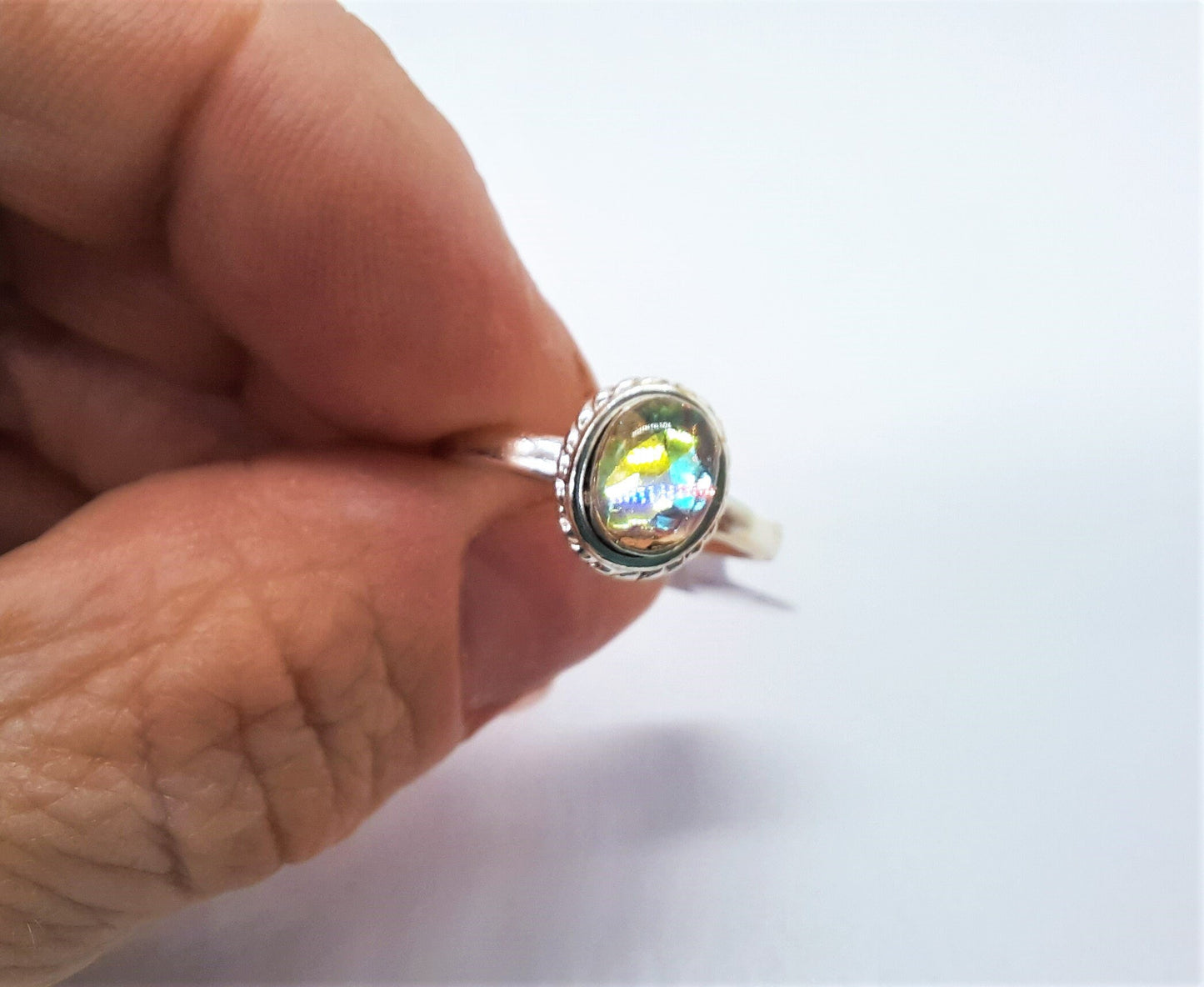 Handcrafted / Handmade Antiqued 925 Sterling Silver Ring, Twisted Rope Design, Iridescent Aurora Borealis, Domed with Holographic Resin