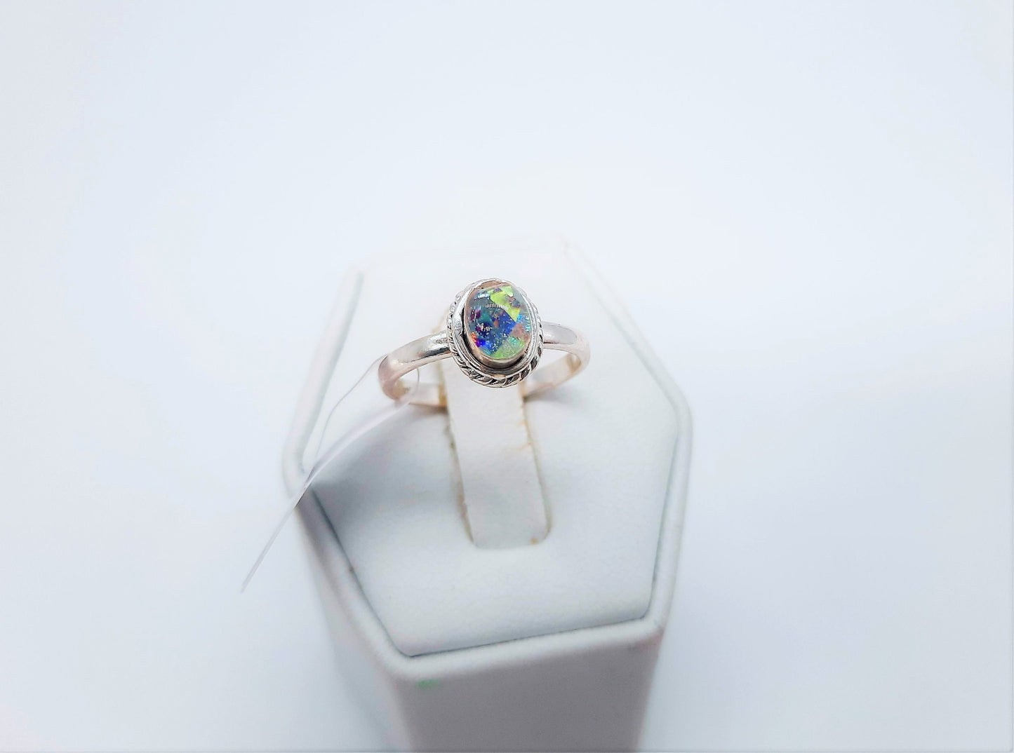 Handcrafted / Handmade Antiqued 925 Sterling Silver Ring, Twisted Rope Design, Iridescent Aurora Borealis, Domed with Holographic Resin