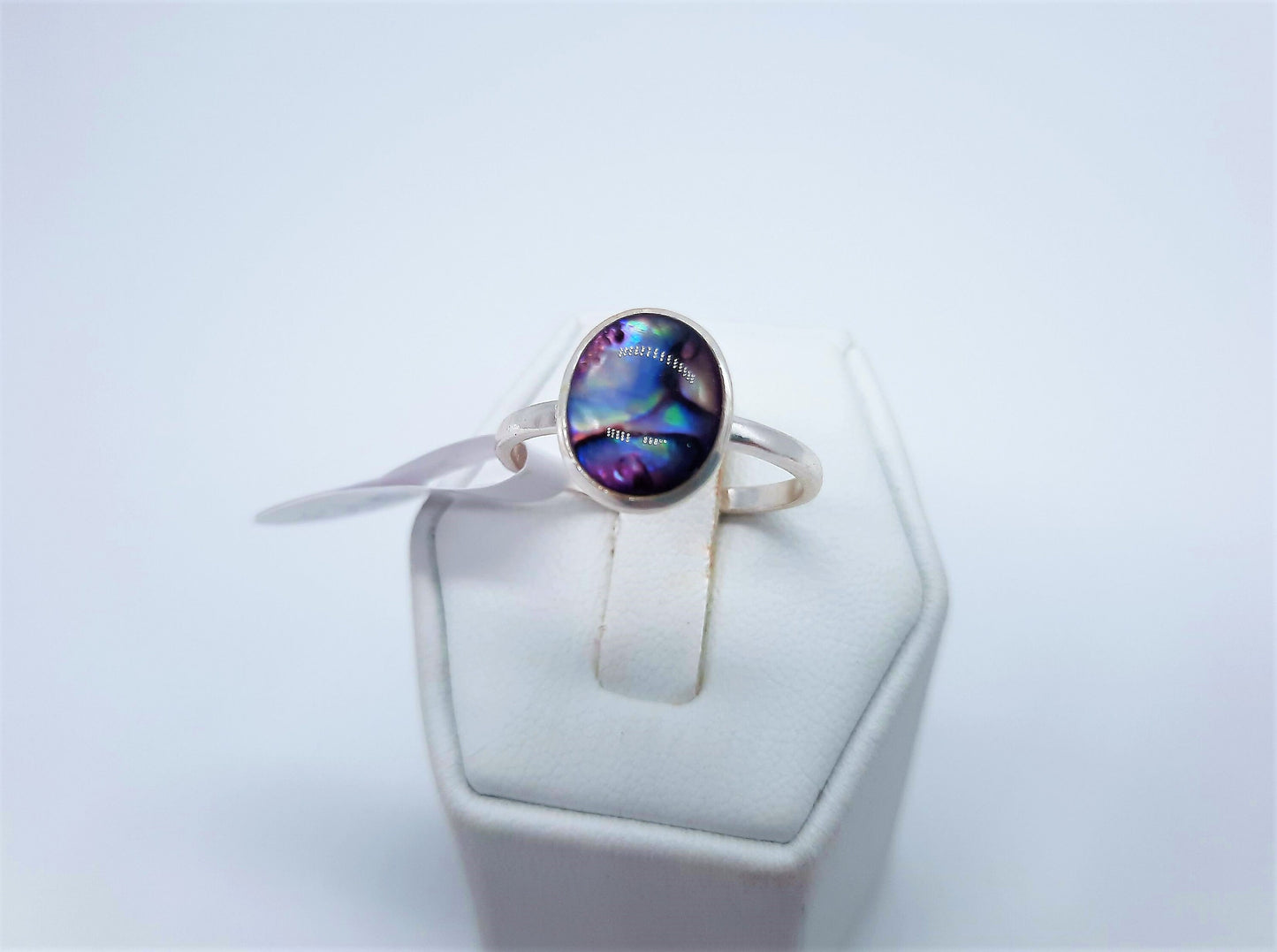 Handmade / Handcrafted 925 Sterling Silver Natural Purple Abalone / Paua Seashell Ring, Oval, Sealed with Holographic Mica Infused Resin