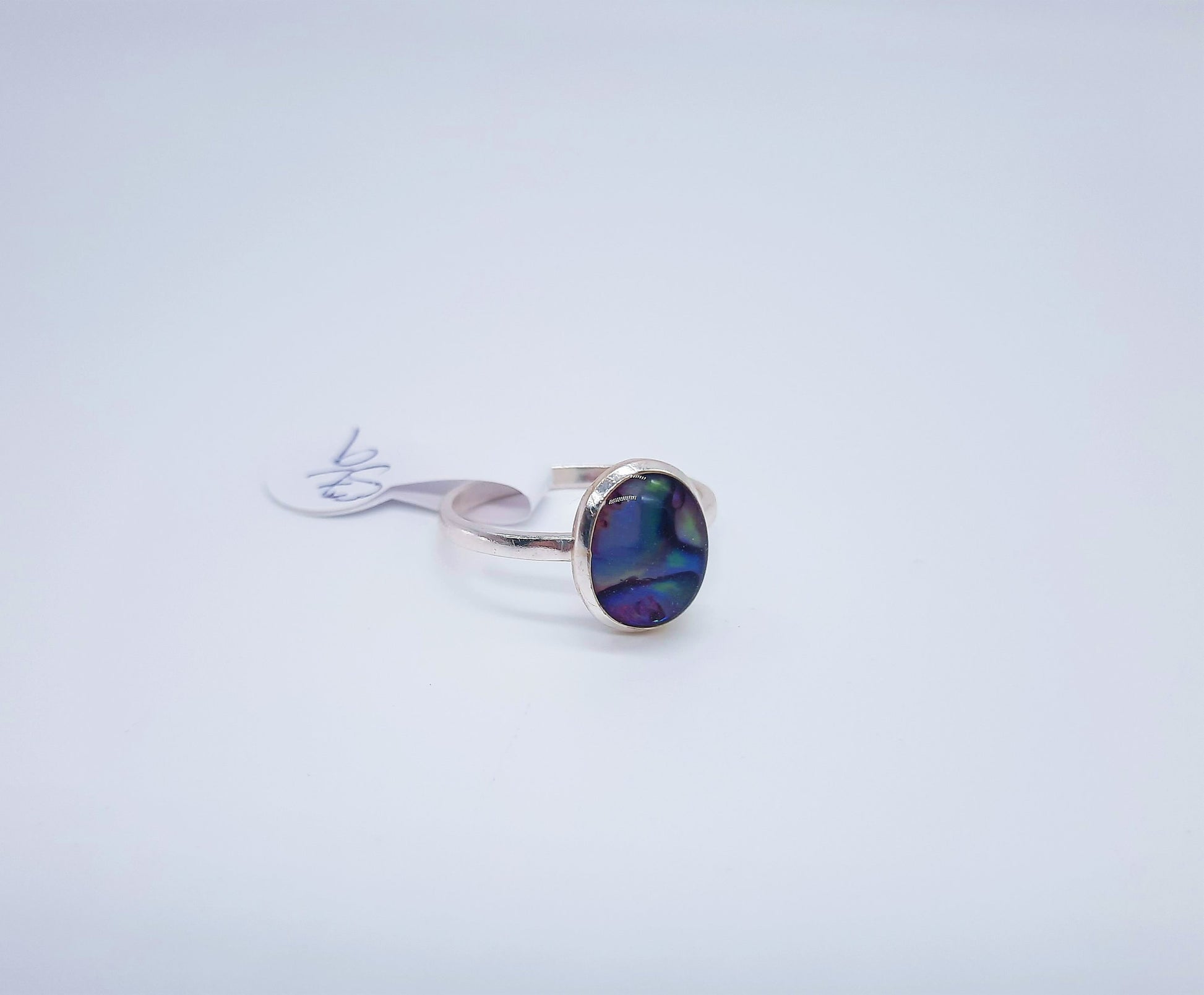 Handmade / Handcrafted 925 Sterling Silver Natural Purple Abalone / Paua Seashell Ring, Oval, Sealed with Holographic Mica Infused Resin