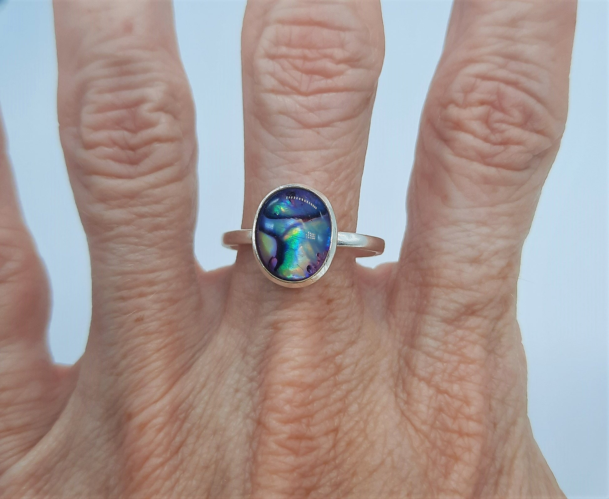 Handmade / Handcrafted 925 Sterling Silver Natural Purple Abalone / Paua Seashell Ring, Oval, Sealed with Holographic Mica Infused Resin