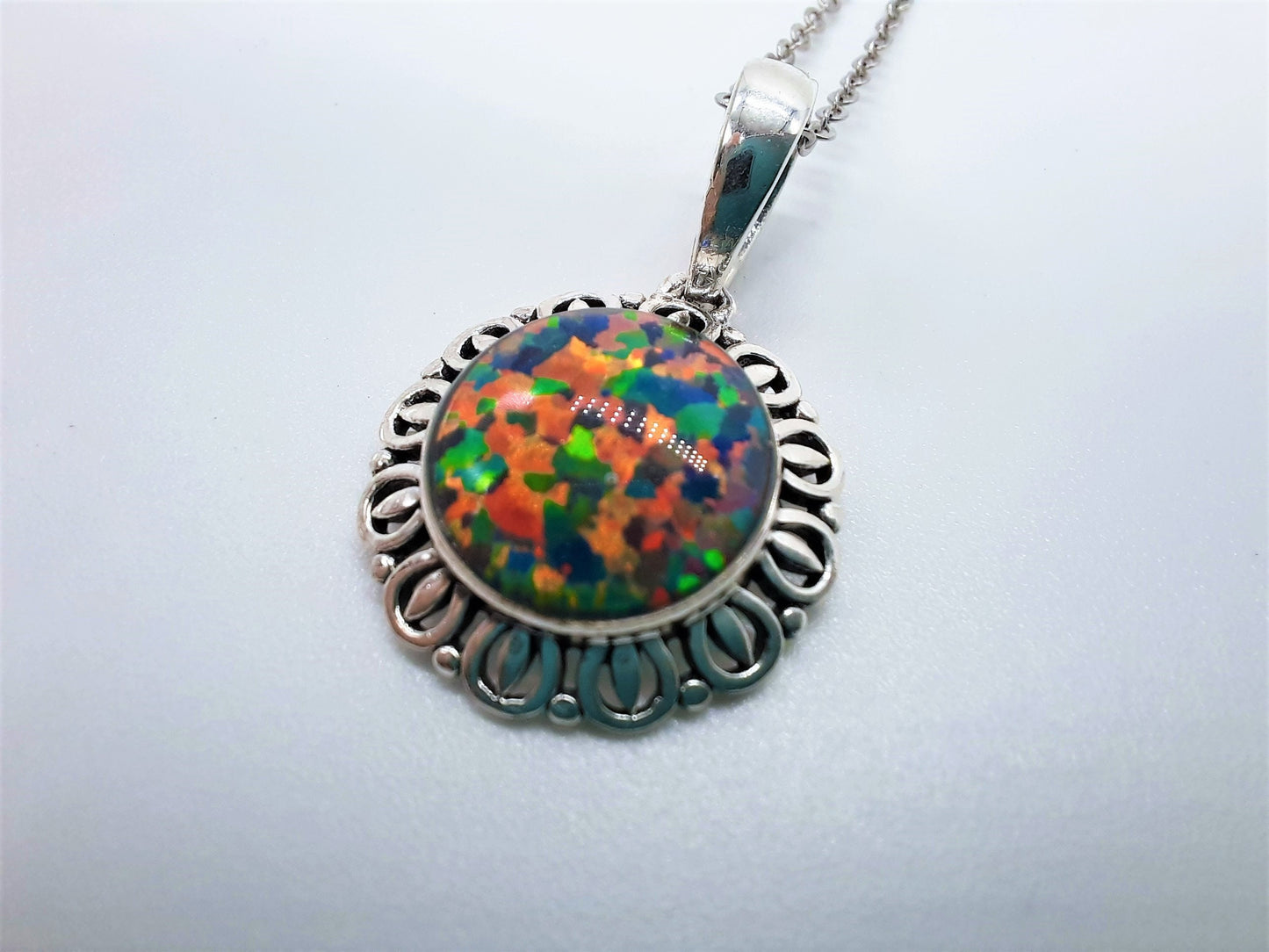 Handcrafted Iridescent Multicolored Opal Pendant Necklace - Intricate Design - Made with 925 Sterling Silver - Domed with Holographic Resin