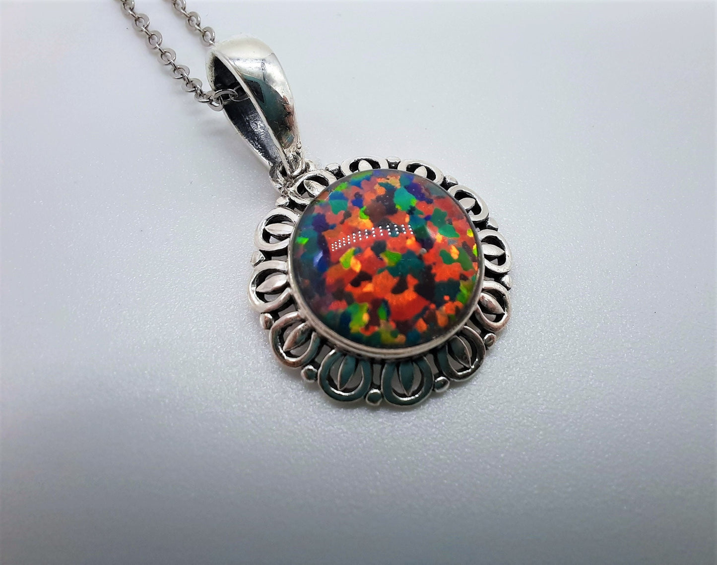 Handcrafted Iridescent Multicolored Opal Pendant Necklace - Intricate Design - Made with 925 Sterling Silver - Domed with Holographic Resin