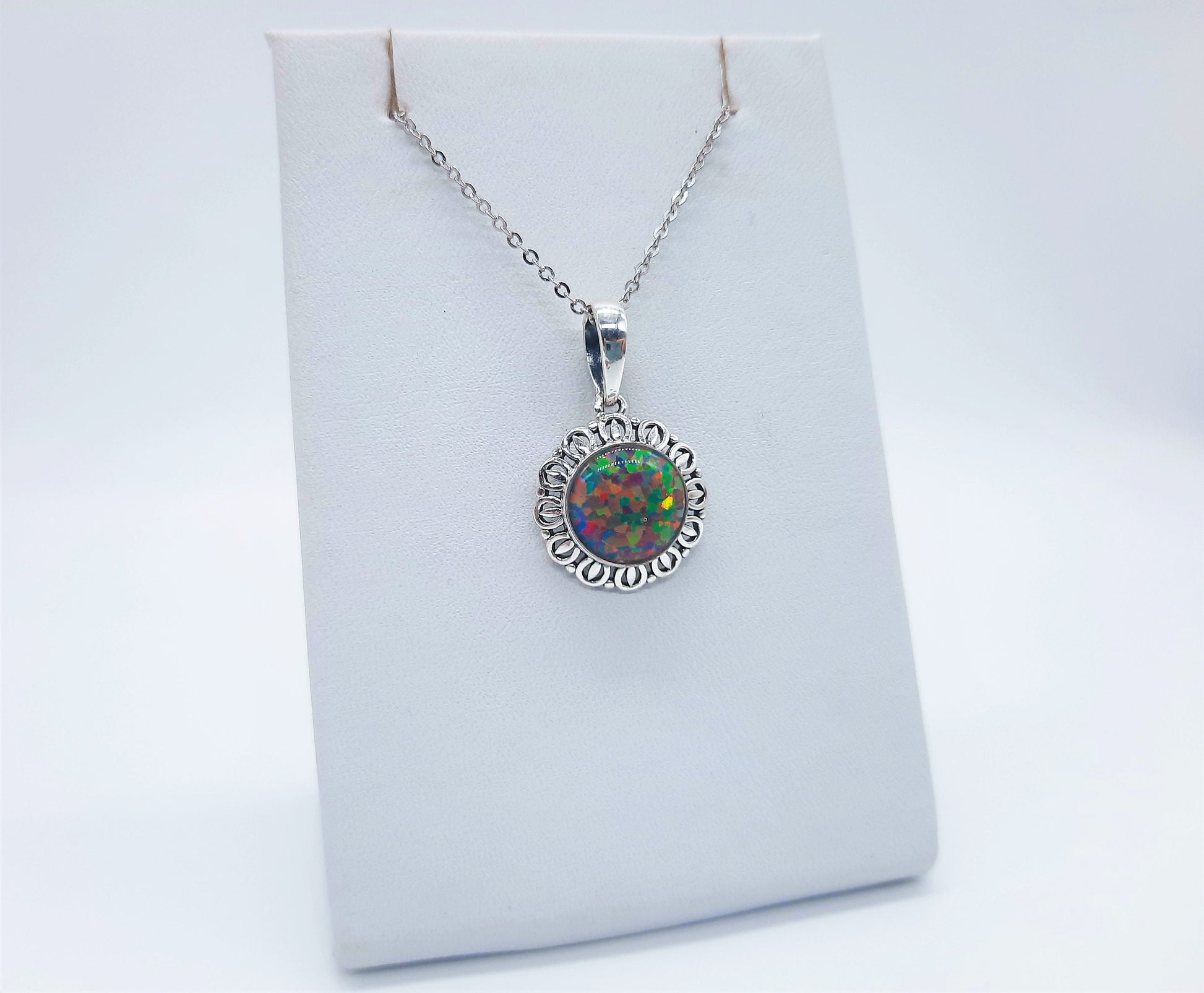 Handcrafted Iridescent Multicolored Opal Pendant Necklace - Intricate Design - Made with 925 Sterling Silver - Domed with Holographic Resin