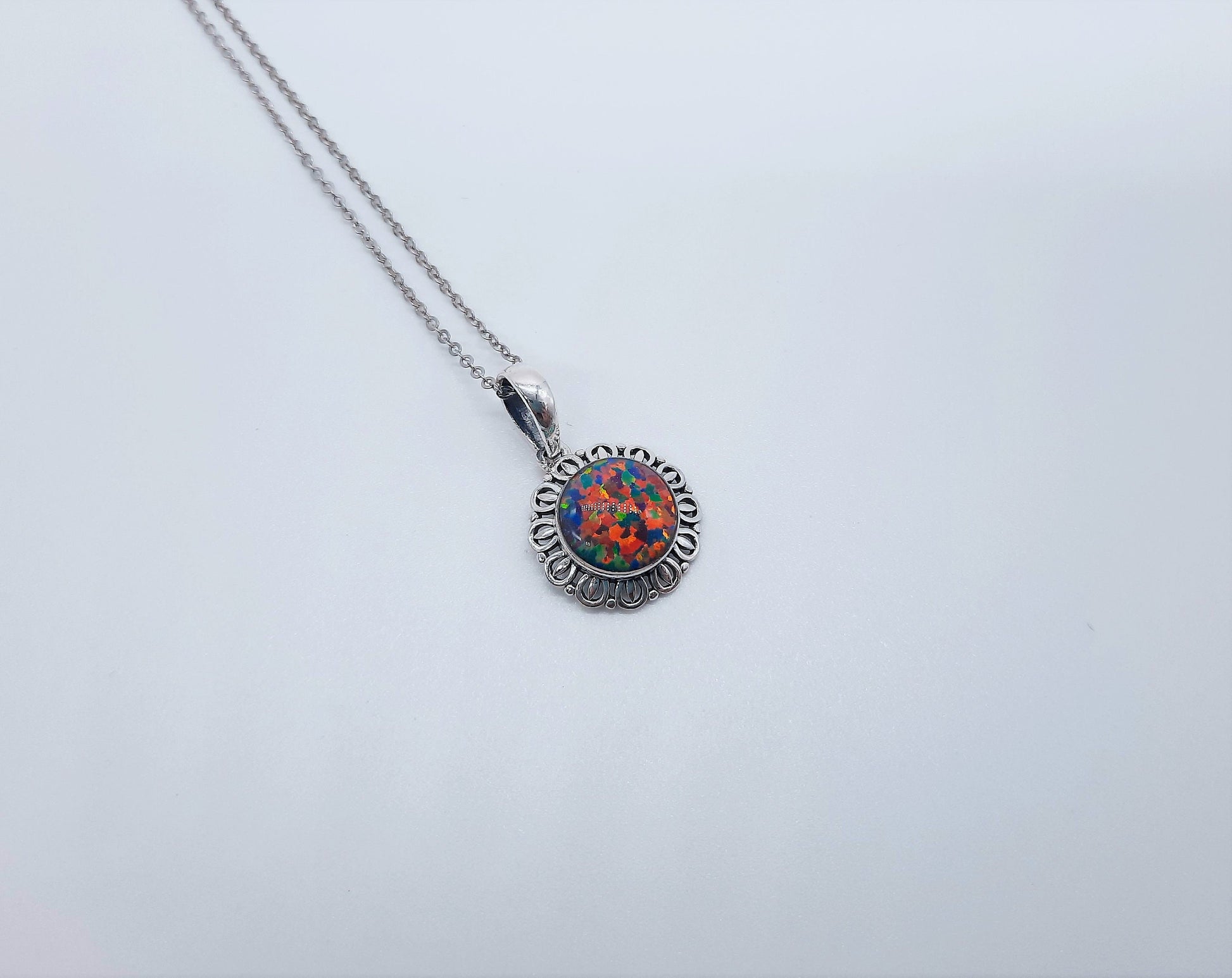 Handcrafted Iridescent Multicolored Opal Pendant Necklace - Intricate Design - Made with 925 Sterling Silver - Domed with Holographic Resin