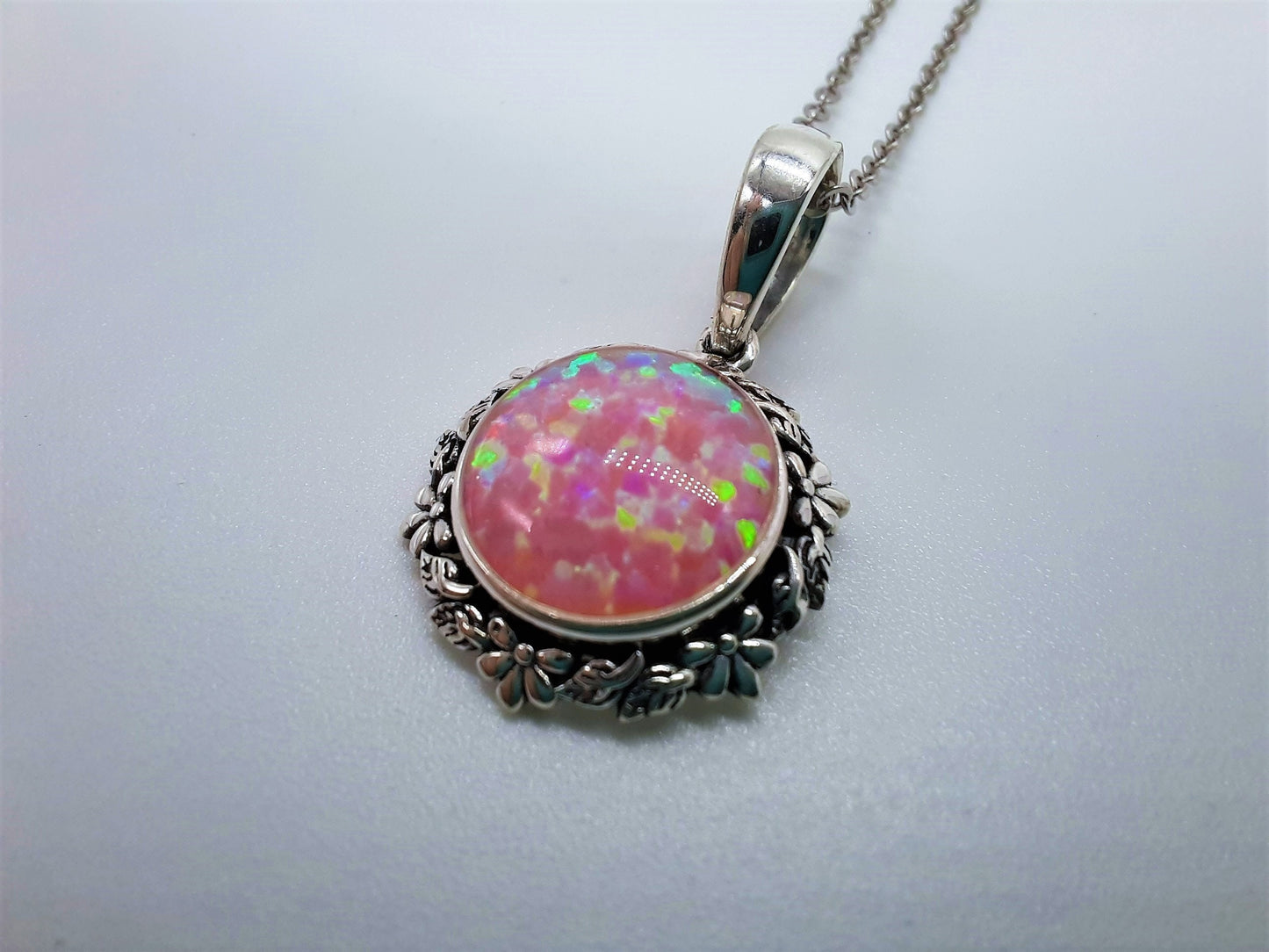 Handcrafted Iridescent Pink Opal Pendant Necklace - Flower and Leaf Design - Made with 925 Sterling Silver - Domed with Holographic Resin