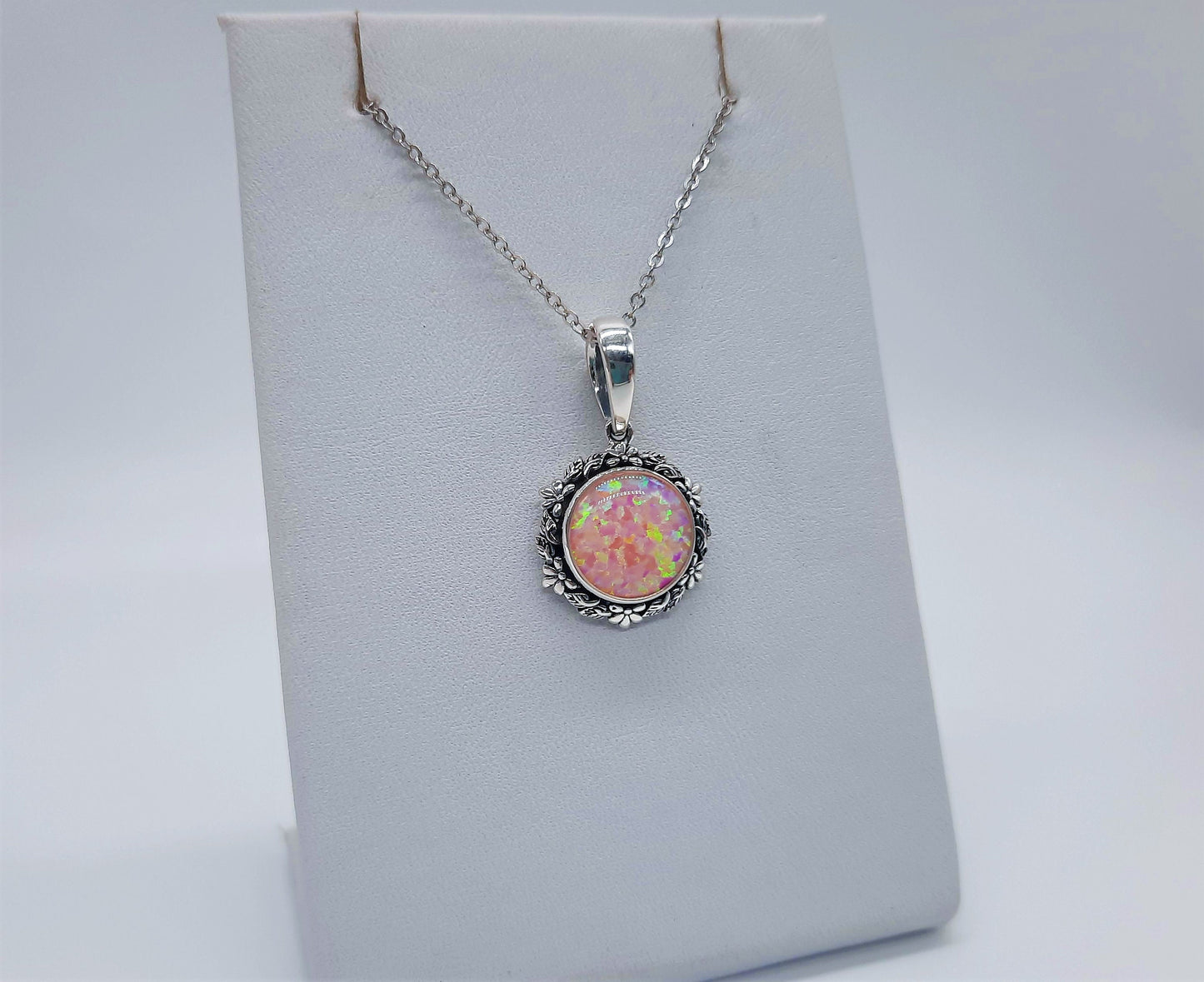 Handcrafted Iridescent Pink Opal Pendant Necklace - Flower and Leaf Design - Made with 925 Sterling Silver - Domed with Holographic Resin