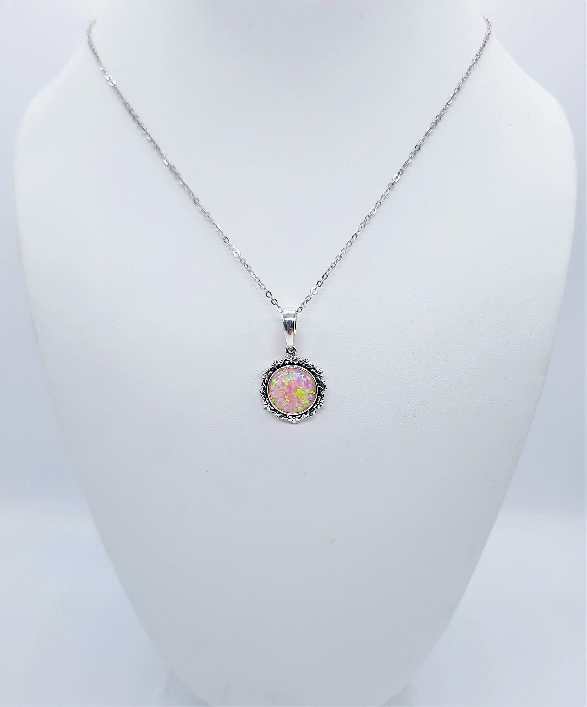 Handcrafted Iridescent Pink Opal Pendant Necklace - Flower and Leaf Design - Made with 925 Sterling Silver - Domed with Holographic Resin