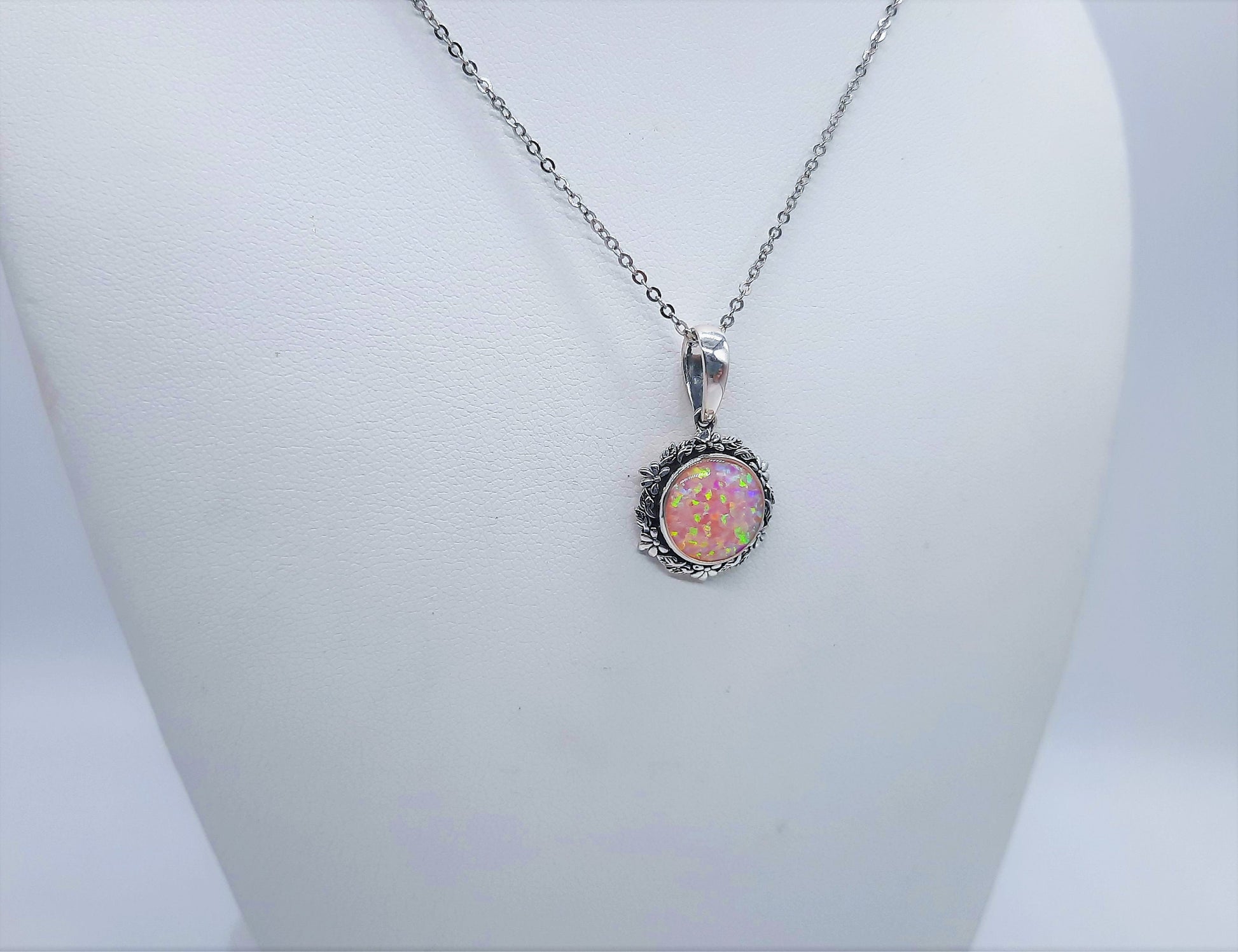 Handcrafted Iridescent Pink Opal Pendant Necklace - Flower and Leaf Design - Made with 925 Sterling Silver - Domed with Holographic Resin