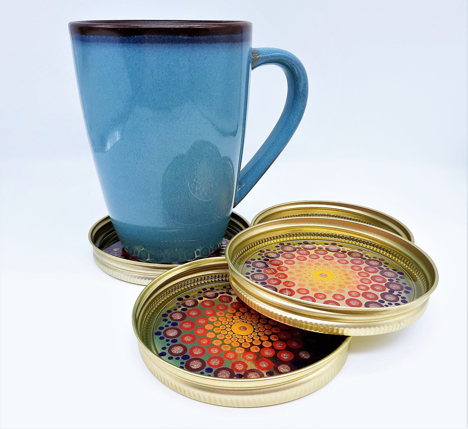 Eco-Friendly Dot Mandala Mason Jar Lid Coasters (Set of 4), Hand-painted, One of a Kind, Sealed with Resin