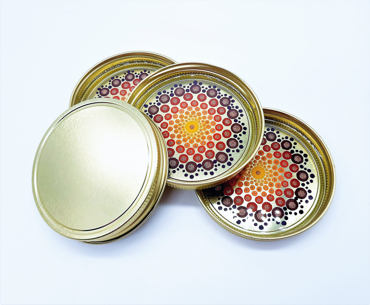 Eco-Friendly Dot Mandala Mason Jar Lid Coasters (Set of 4), Hand-painted, One of a Kind, Sealed with Resin