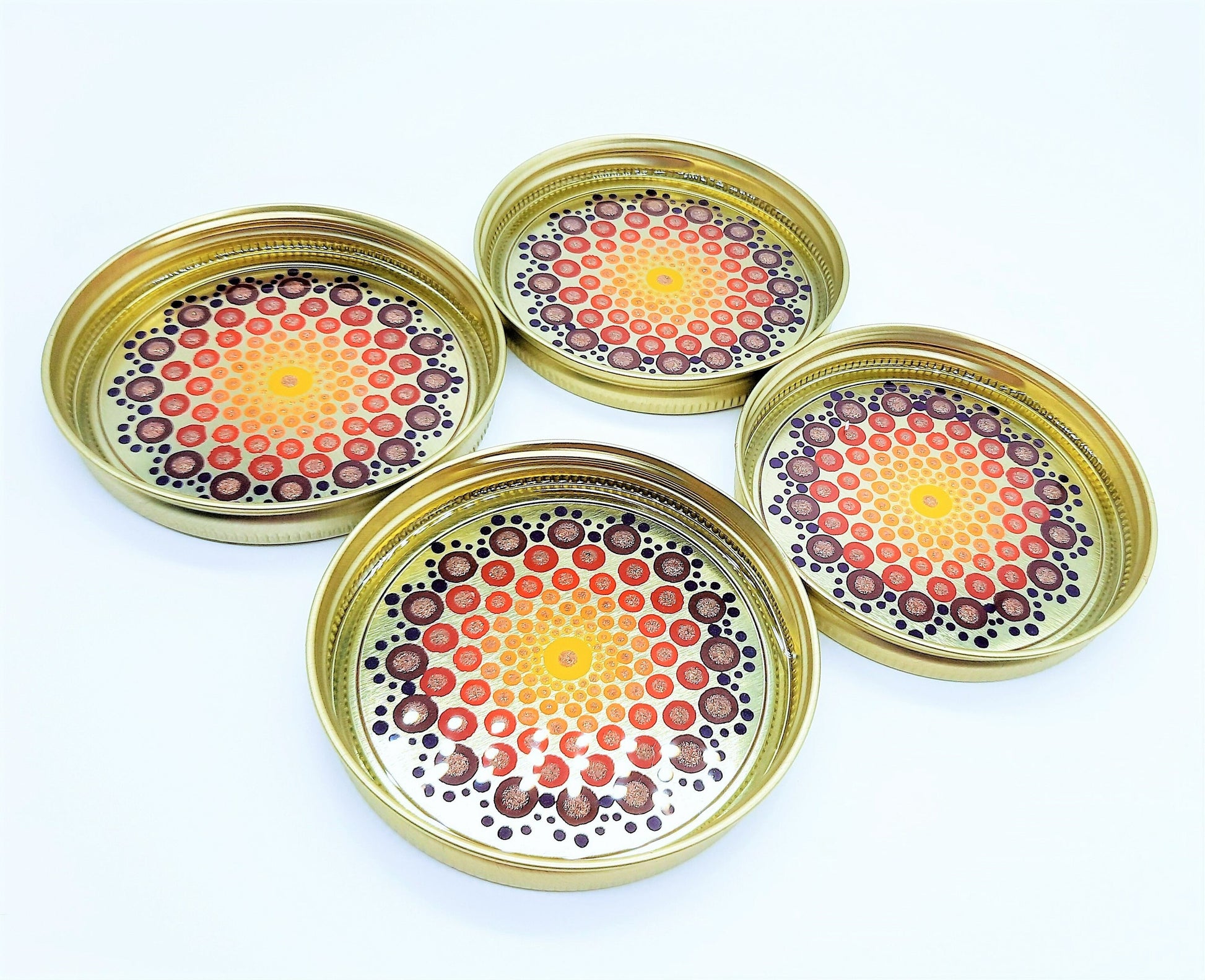 Eco-Friendly Dot Mandala Mason Jar Lid Coasters (Set of 4), Hand-painted, One of a Kind, Sealed with Resin