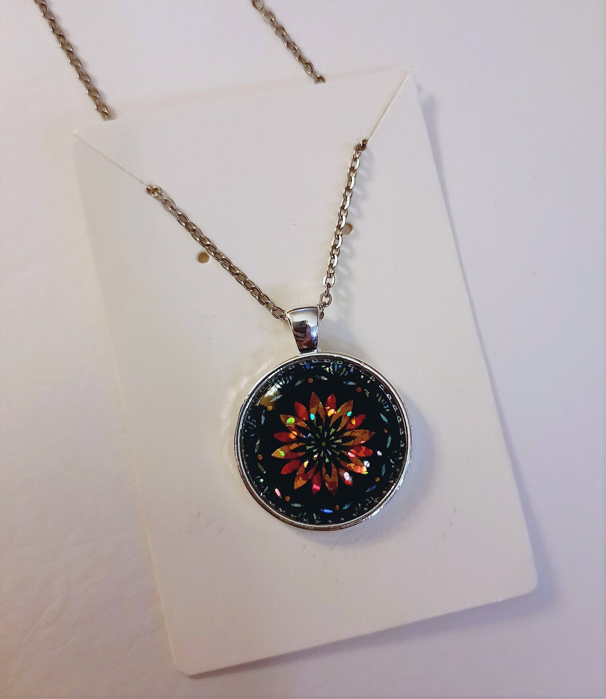 Handcrafted Glitter Mandala Pattern Design - Glass Cabochon Stainless Steel - Tibetan Style or Plain Pendant Necklace - Alloy, Silver Plated