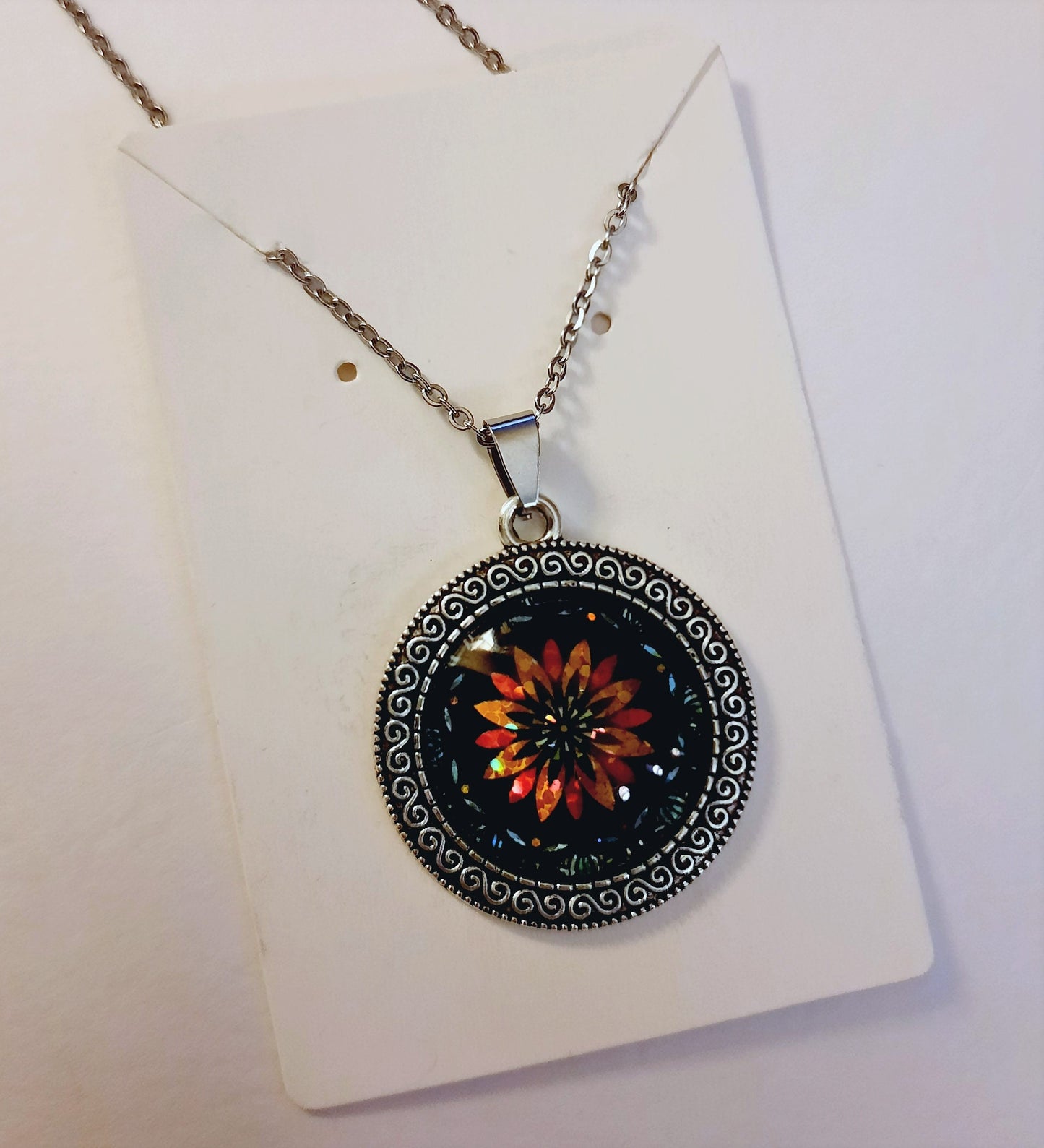 Handcrafted Glitter Mandala Pattern Design - Glass Cabochon Stainless Steel - Tibetan Style or Plain Pendant Necklace - Alloy, Silver Plated