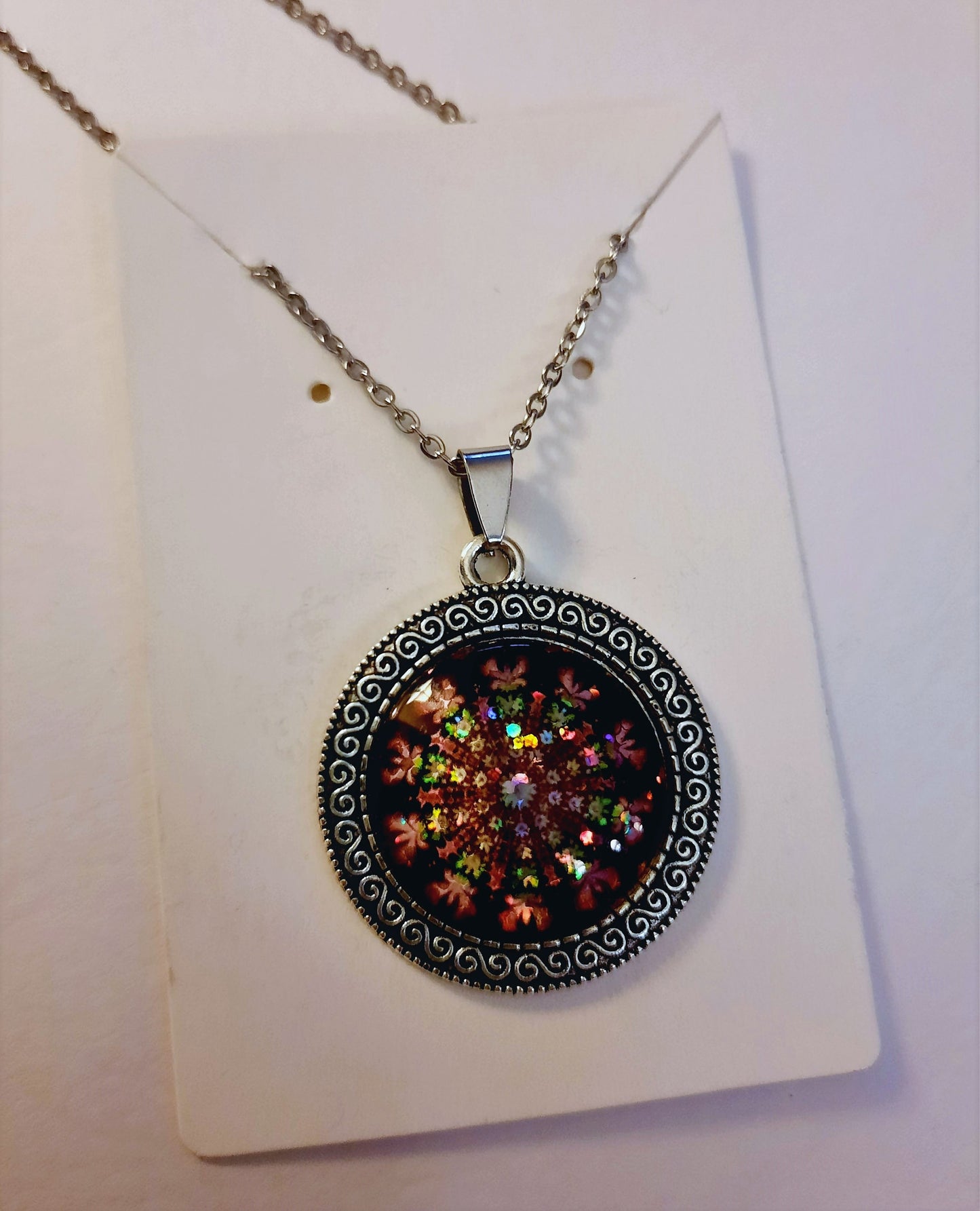 Handcrafted Glitter Mandala Pattern Design - Glass Cabochon Stainless Steel - Tibetan Style or Plain Pendant Necklace - Alloy, Silver Plated