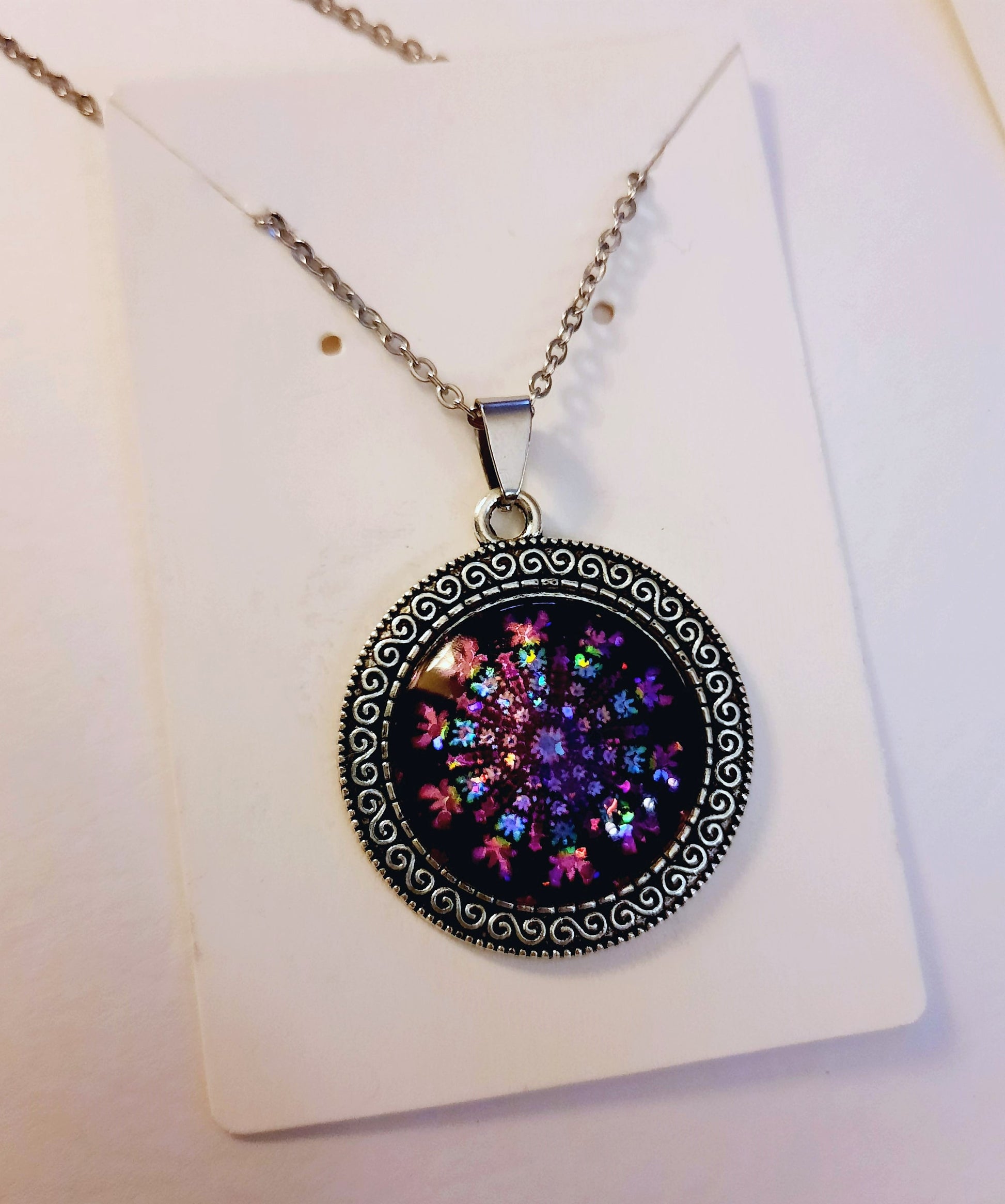 Handcrafted Glitter Mandala Pattern Design - Glass Cabochon Stainless Steel - Tibetan Style or Plain Pendant Necklace - Alloy, Silver Plated