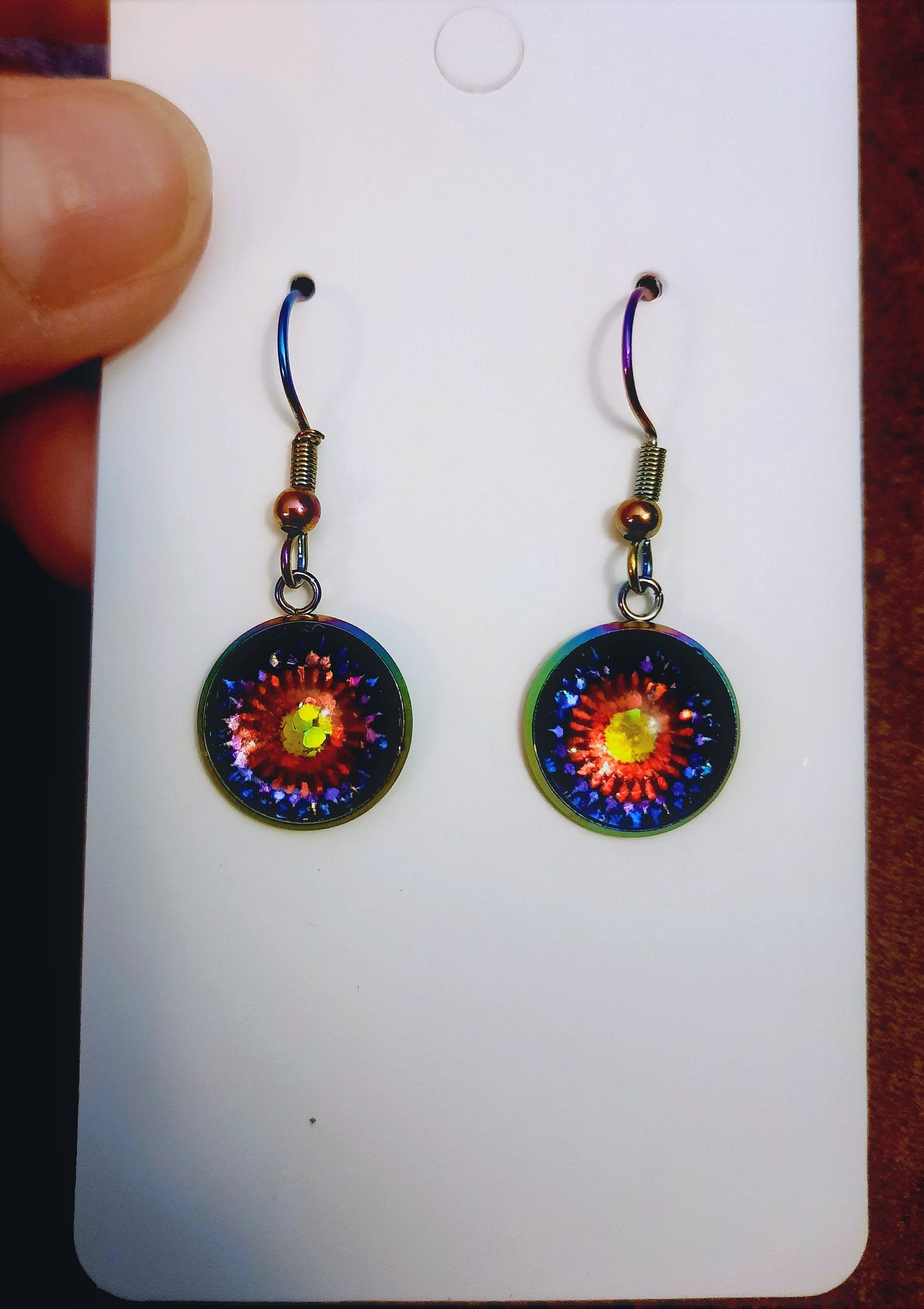 Handcrafted Rainbow Flower Glitter Mandala Pattern Design Glass Cabochon Rainbow Chromium Stainless Steel Dangle Earrings - Hypoallergenic