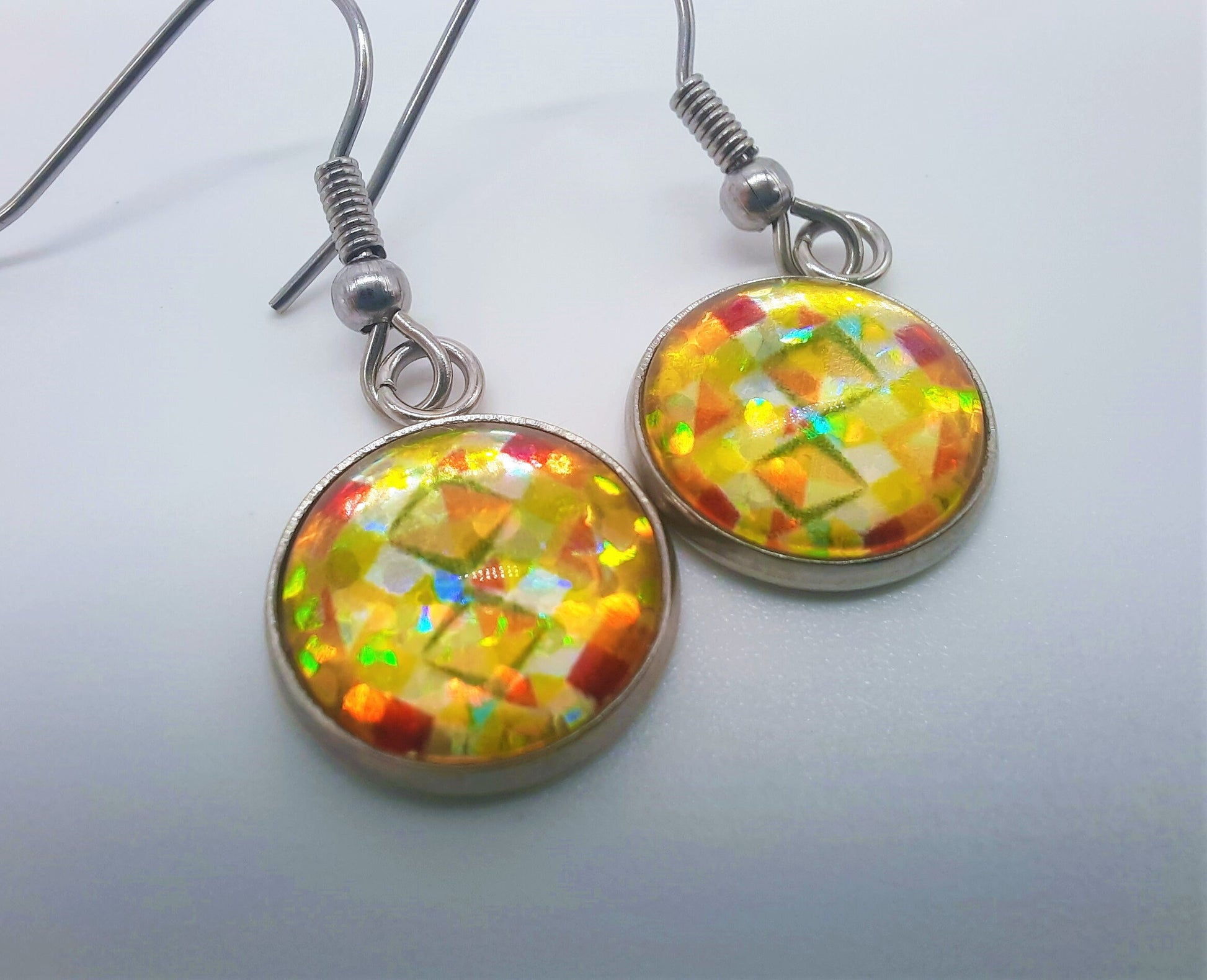 Handcrafted Yellow Glitter Mandala Pattern Design Glass Cabochon Silver Stainless Steel Dangle Earrings - Hypoallergenic