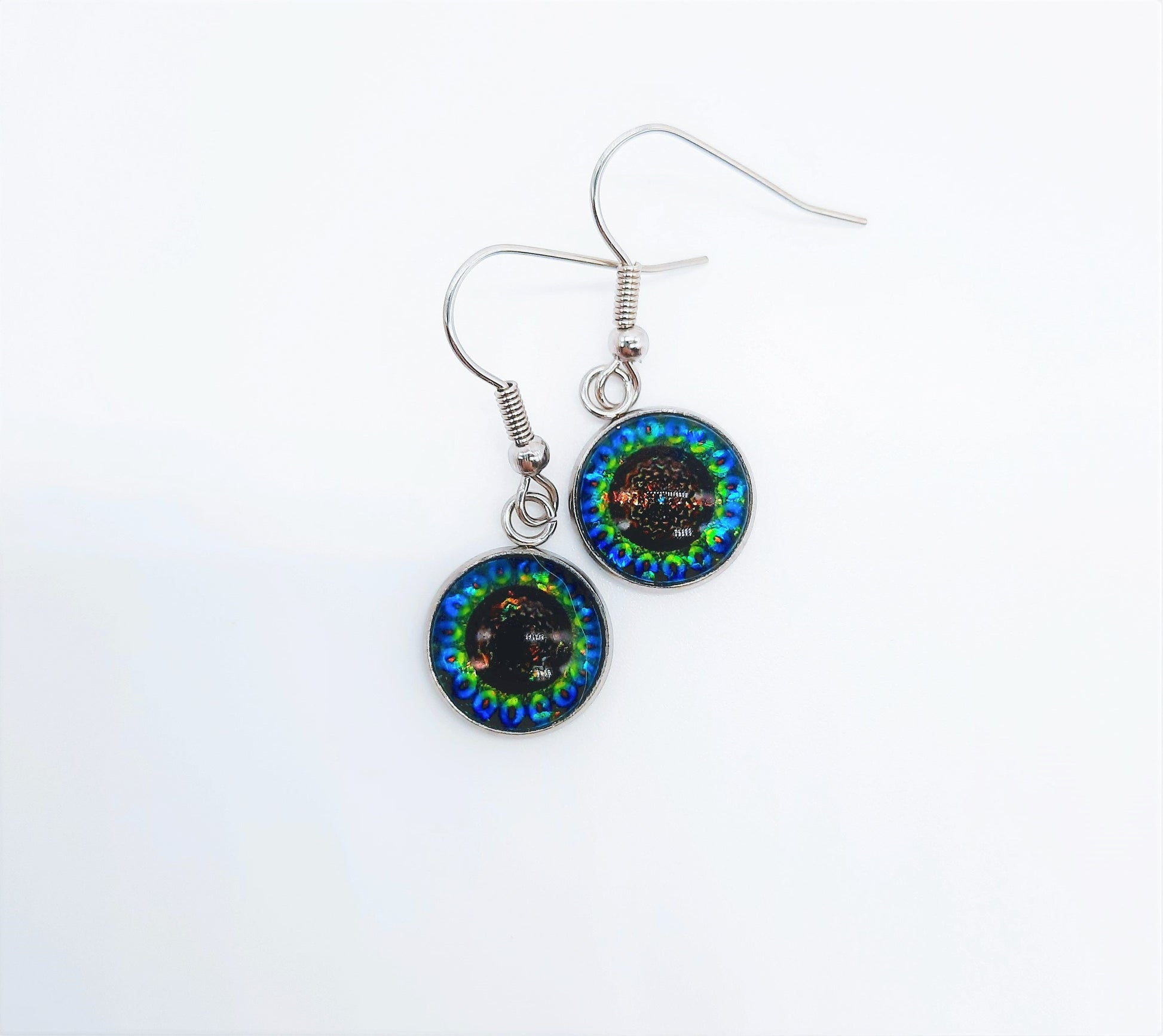 Handcrafted Rainbow Glitter Mandala Pattern Design Glass Cabochon Silver Stainless Steel Dangle Earrings - Hypoallergenic