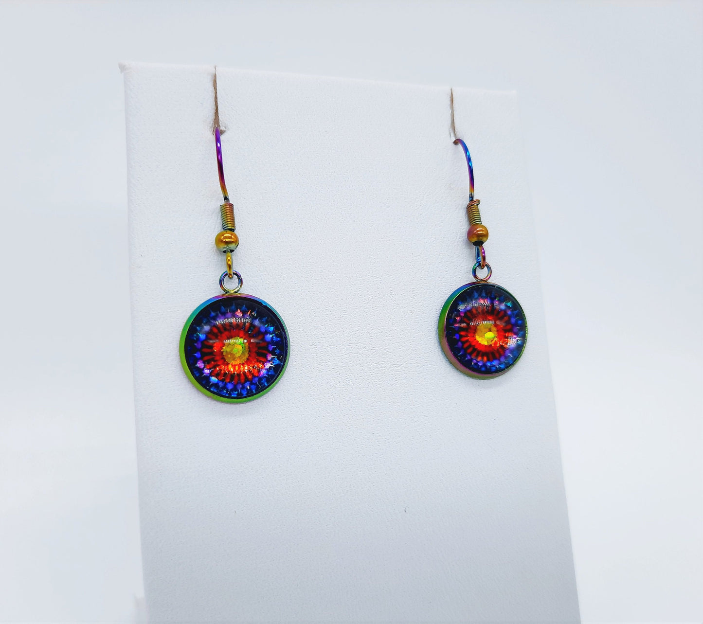 Handcrafted Rainbow Flower Glitter Mandala Pattern Design Glass Cabochon Rainbow Chromium Stainless Steel Dangle Earrings - Hypoallergenic