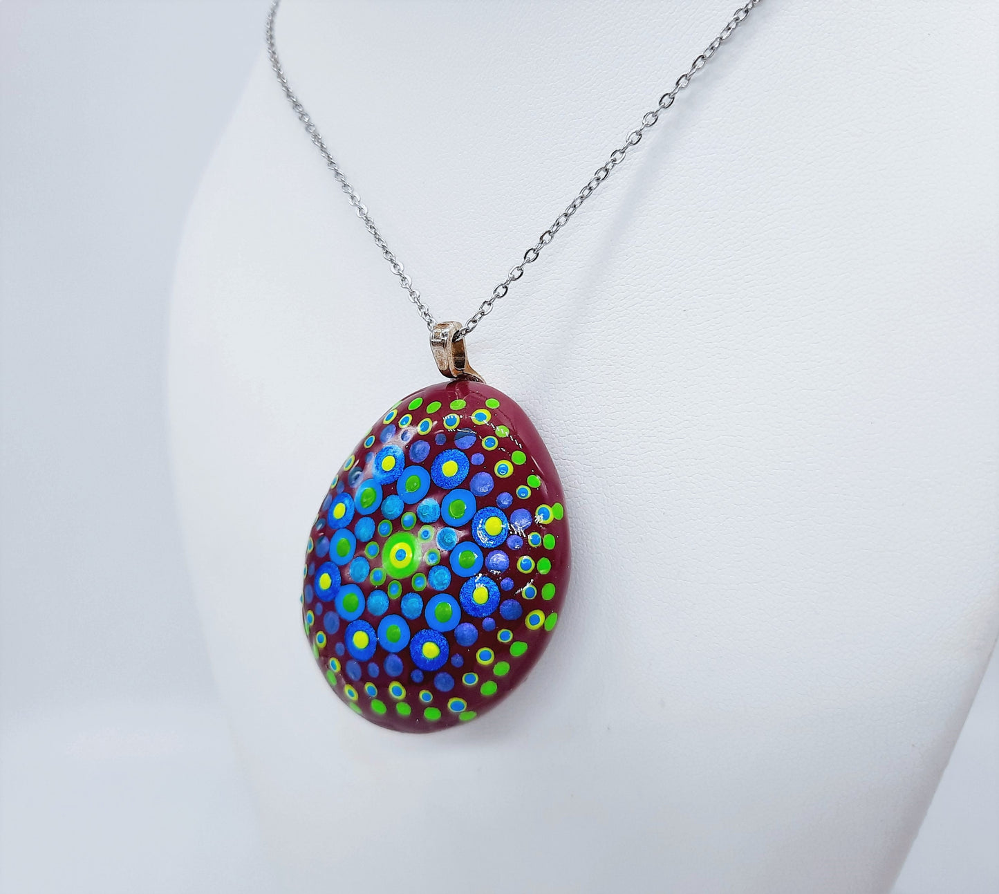 Handpainted Blue / Green Mandala Necklace, Stone / Rock Pendant, Sealed w/ Resin, Hypoallergenic Stainless Steel Chain, Lobster Claw Closure