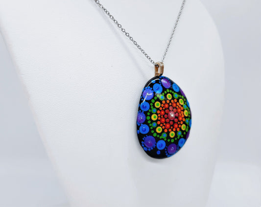 Handpainted Rainbow Dot Mandala Necklace, Stone / Rock Pendant, Sealed w/ Resin, Hypoallergenic Stainless Steel Chain, Lobster Claw Closure