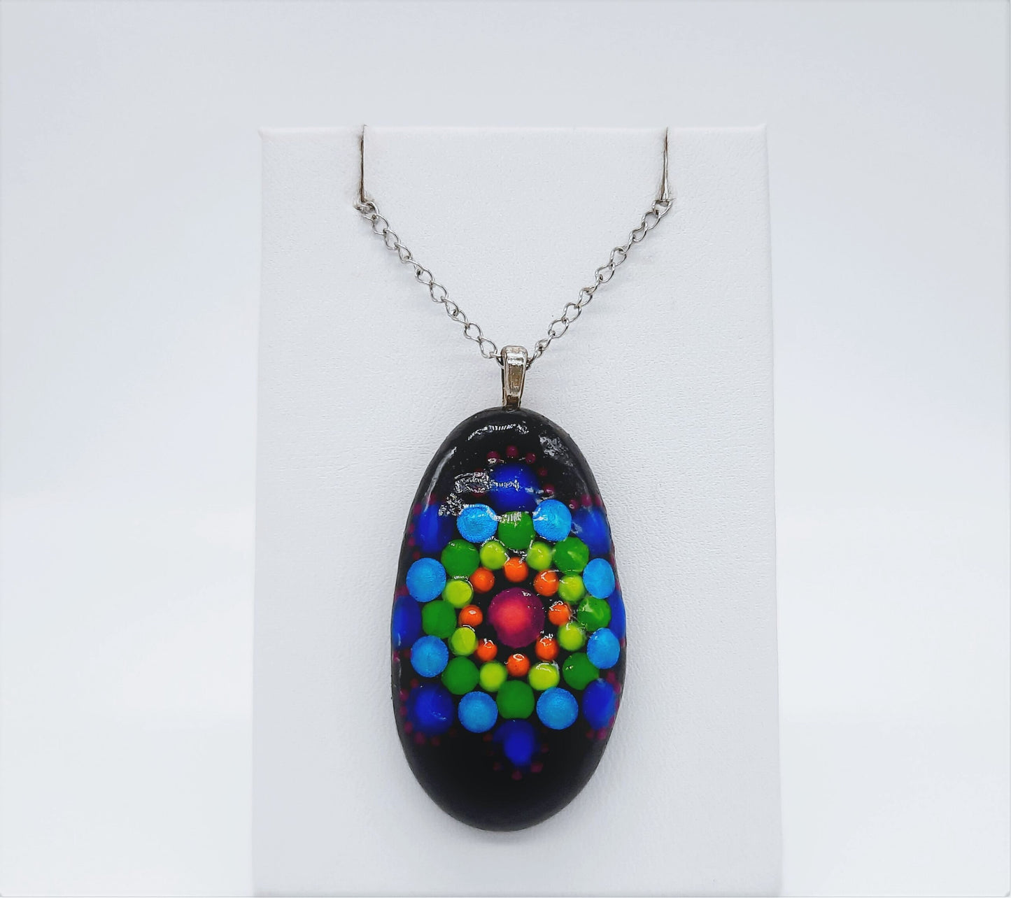 Handpainted Rainbow Dot Mandala Necklace, Stone / Rock Pendant, Sealed w/ Resin, Hypoallergenic Stainless Steel Chain, Lobster Claw Closure