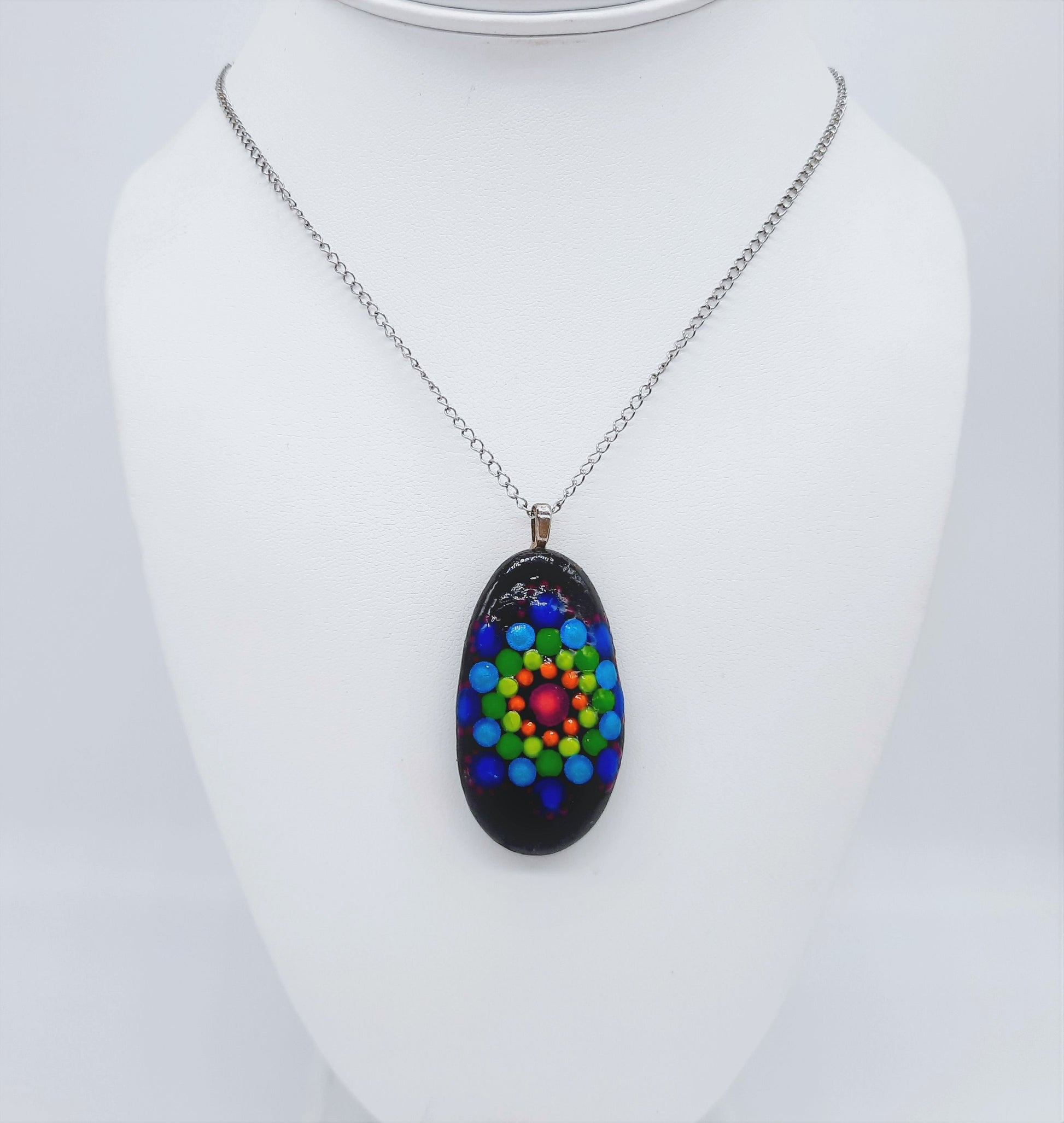 Handpainted Rainbow Dot Mandala Necklace, Stone / Rock Pendant, Sealed w/ Resin, Hypoallergenic Stainless Steel Chain, Lobster Claw Closure