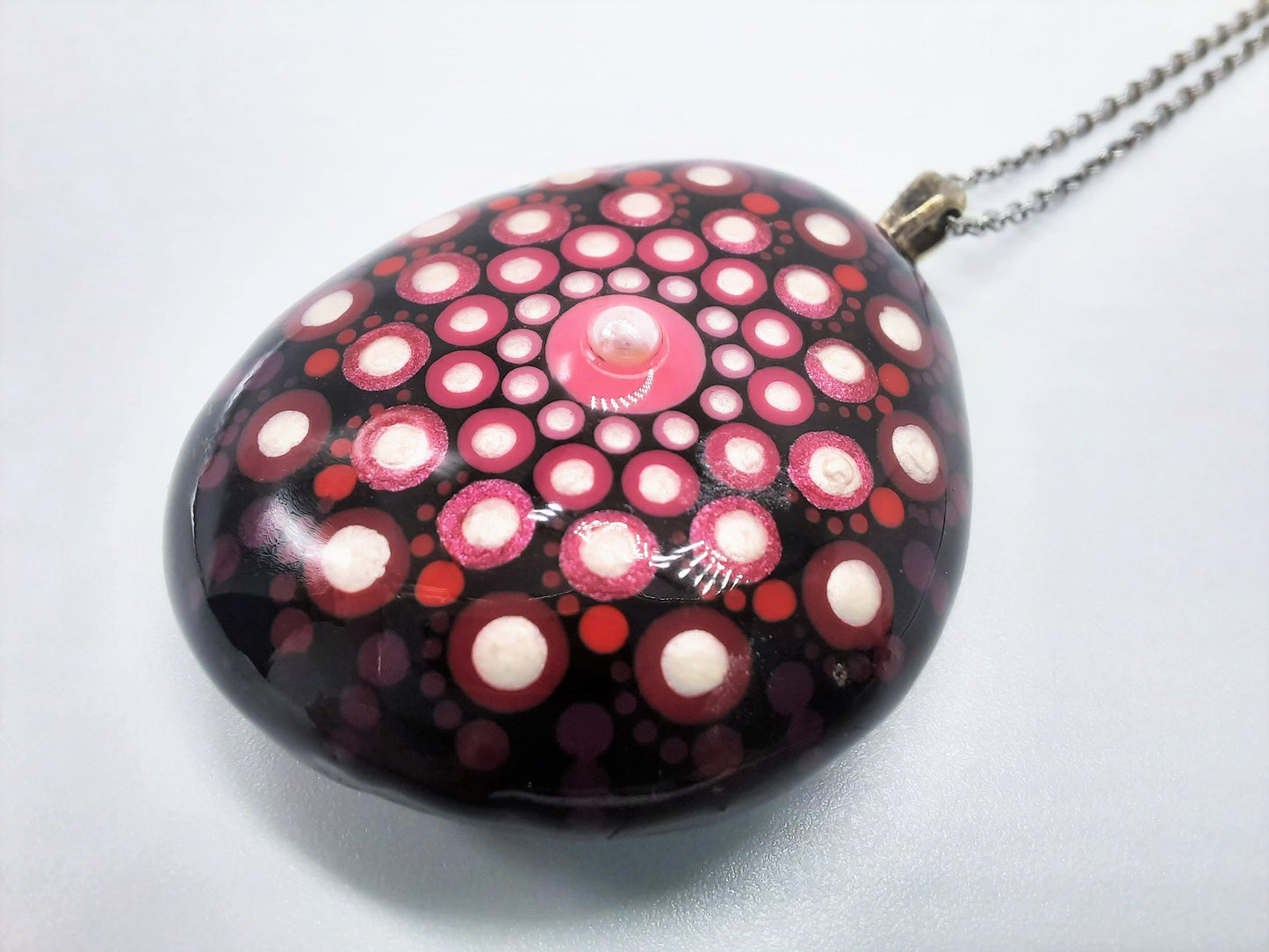 Handpainted Pink / Red Mandala Necklace, Stone / Rock Pendant, Sealed w/ Resin, Hypoallergenic Stainless Steel Chain, Lobster Claw Closure