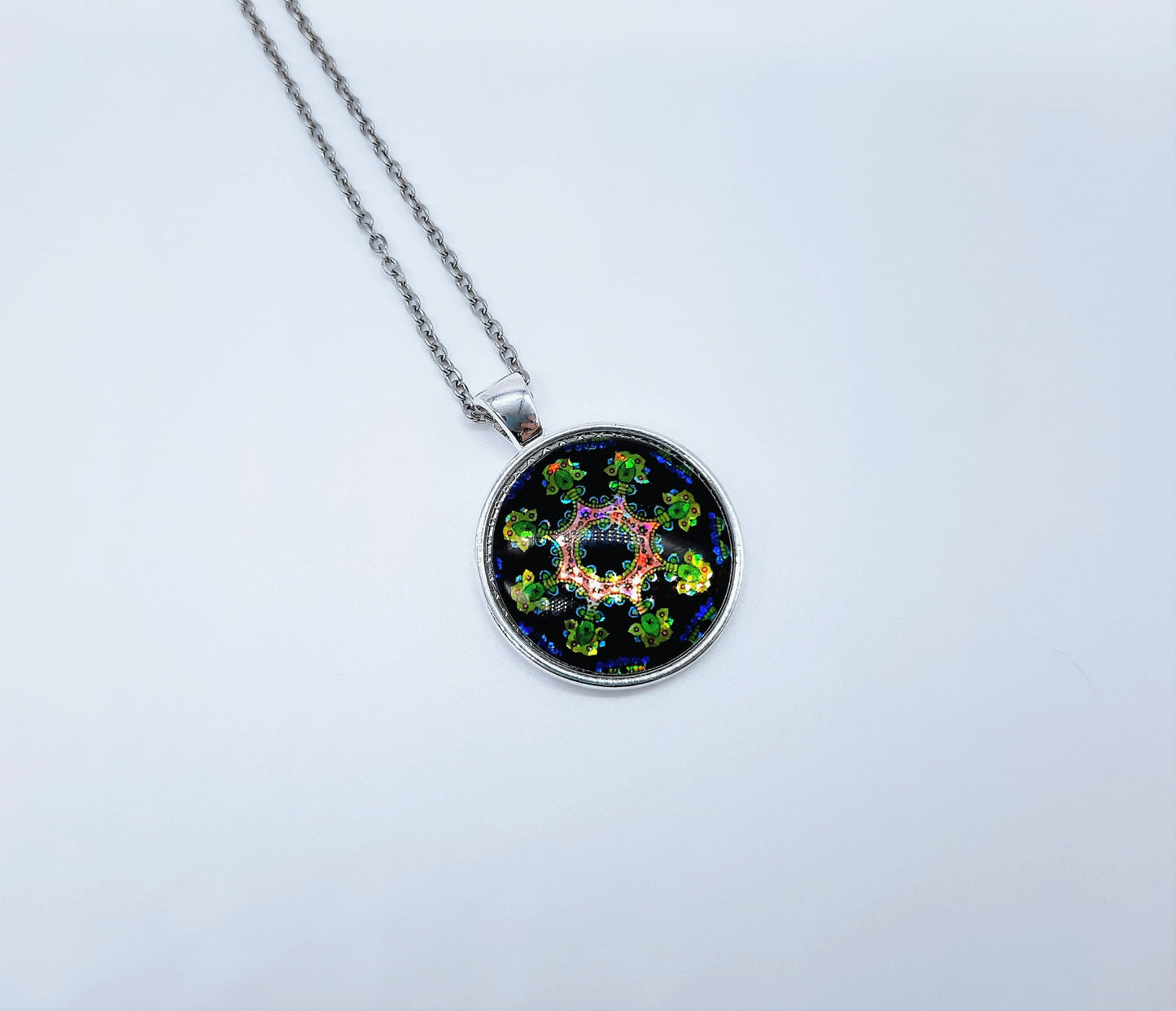 Handcrafted Glitter Mandala Pattern Design - Glass Cabochon Stainless Steel - Tibetan Style or Plain Pendant Necklace - Alloy, Silver Plated