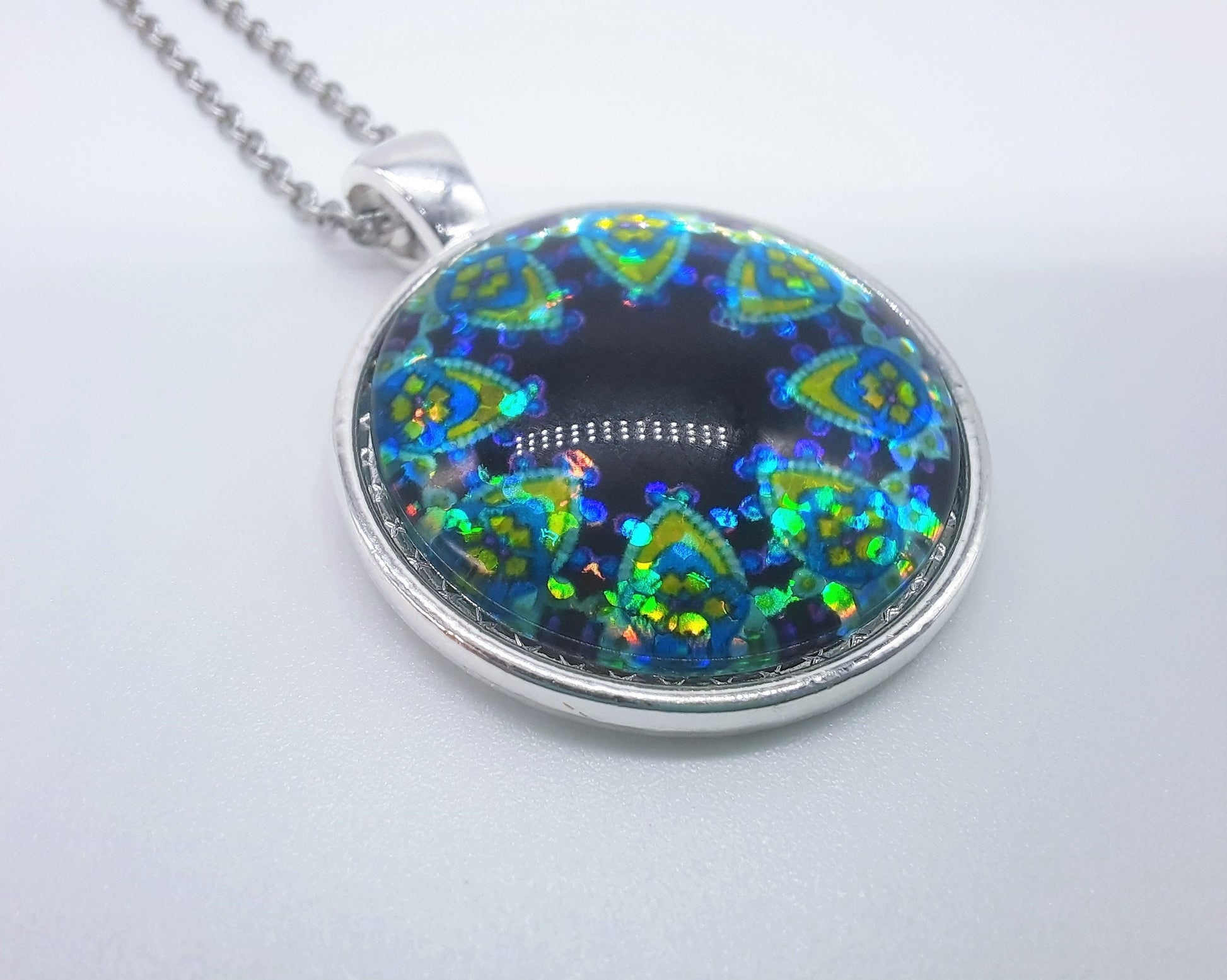 Handcrafted Glitter Mandala Pattern Design - Glass Cabochon Stainless Steel - Tibetan Style or Plain Pendant Necklace - Alloy, Silver Plated