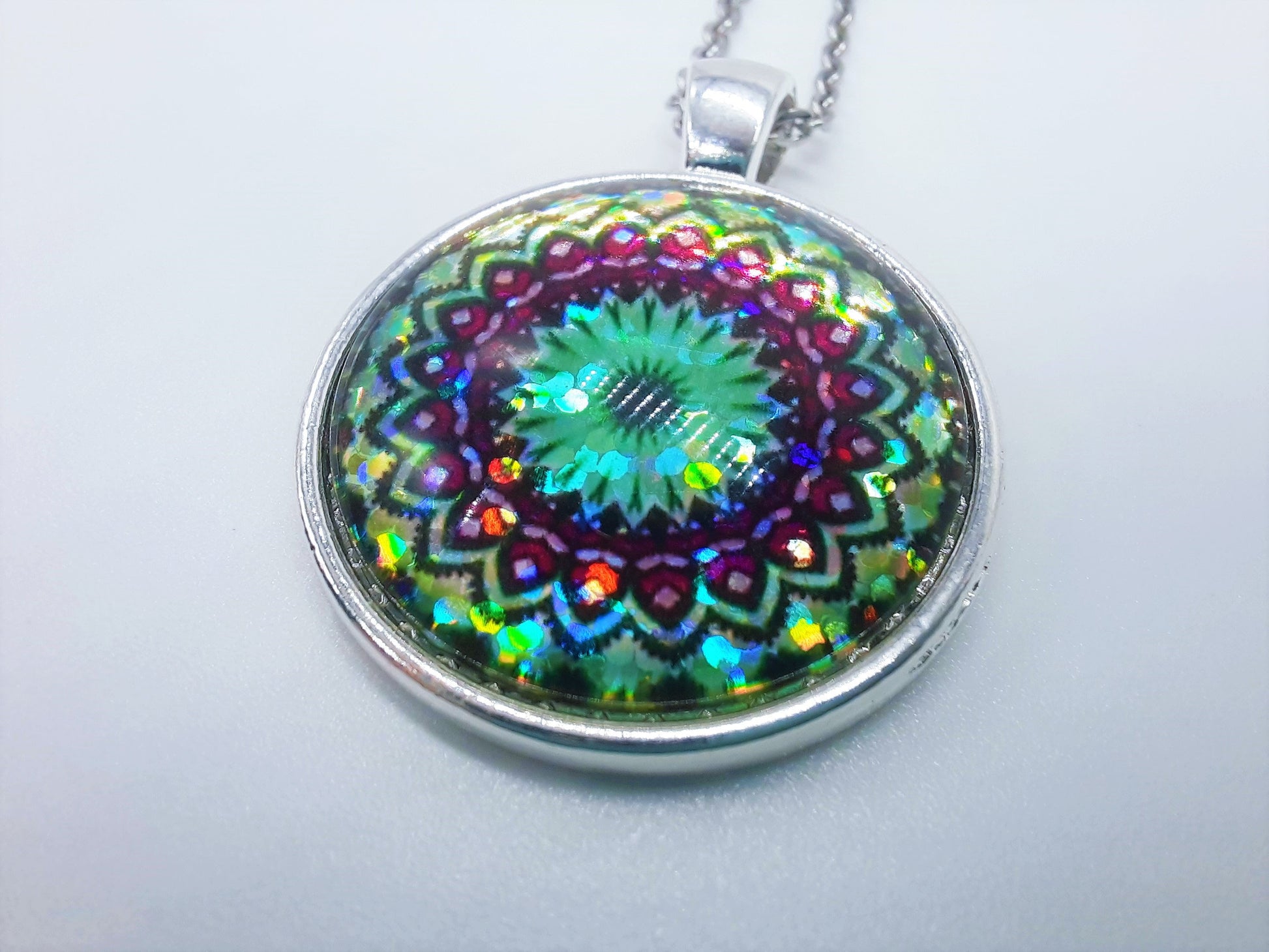 Handcrafted Glitter Mandala Pattern Design - Glass Cabochon Stainless Steel - Tibetan Style or Plain Pendant Necklace - Alloy, Silver Plated