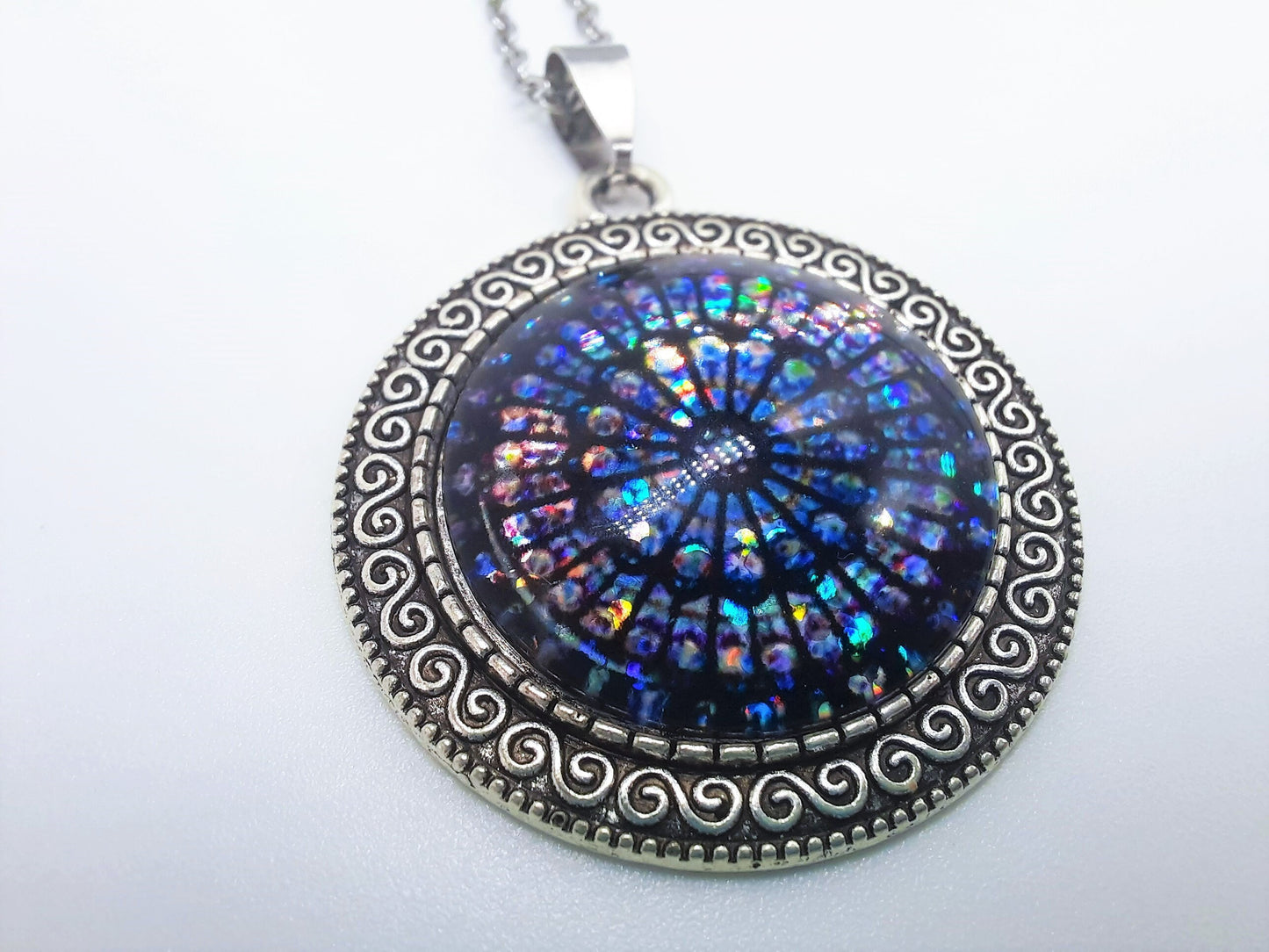 Handcrafted Glitter Mandala Pattern Design - Glass Cabochon Stainless Steel - Tibetan Style or Plain Pendant Necklace - Alloy, Silver Plated