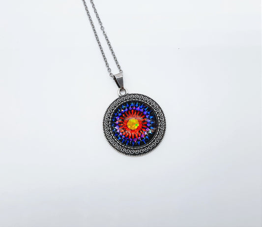 Handcrafted Glitter Mandala Pattern Design - Glass Cabochon Stainless Steel - Tibetan Style or Plain Pendant Necklace - Alloy, Silver Plated