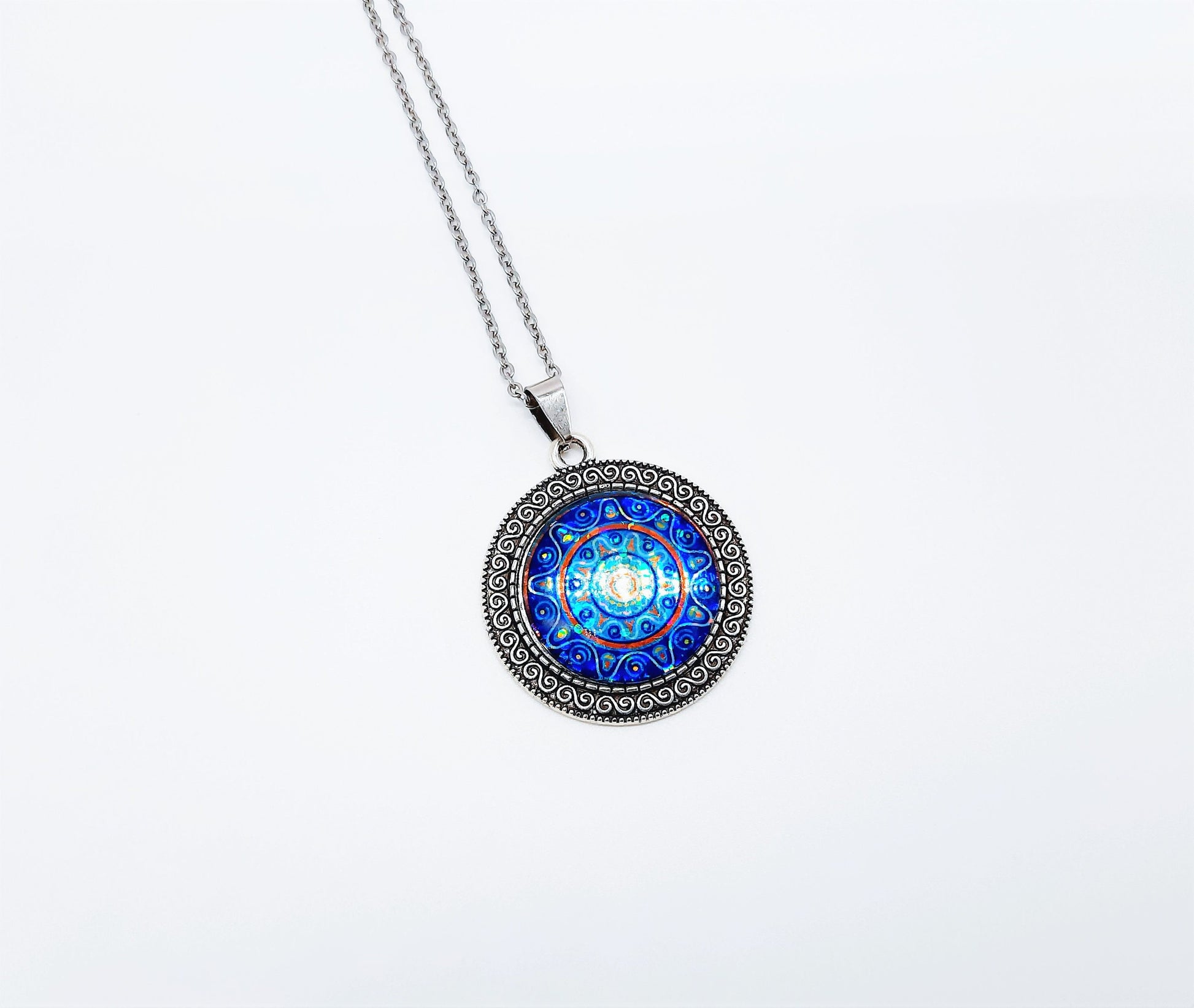 Handcrafted Glitter Mandala Pattern Design - Glass Cabochon Stainless Steel - Tibetan Style or Plain Pendant Necklace - Alloy, Silver Plated