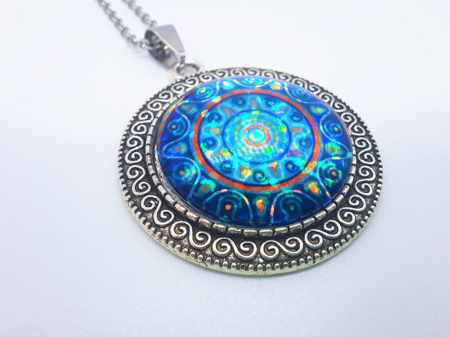 Handcrafted Glitter Mandala Pattern Design - Glass Cabochon Stainless Steel - Tibetan Style or Plain Pendant Necklace - Alloy, Silver Plated