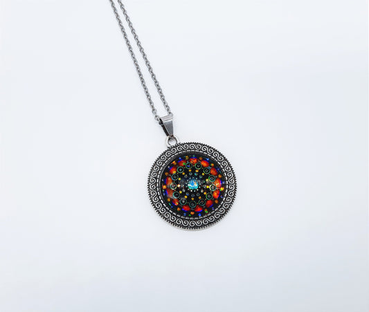 Handcrafted Glitter Mandala Pattern Design - Glass Cabochon Stainless Steel - Tibetan Style or Plain Pendant Necklace - Alloy, Silver Plated