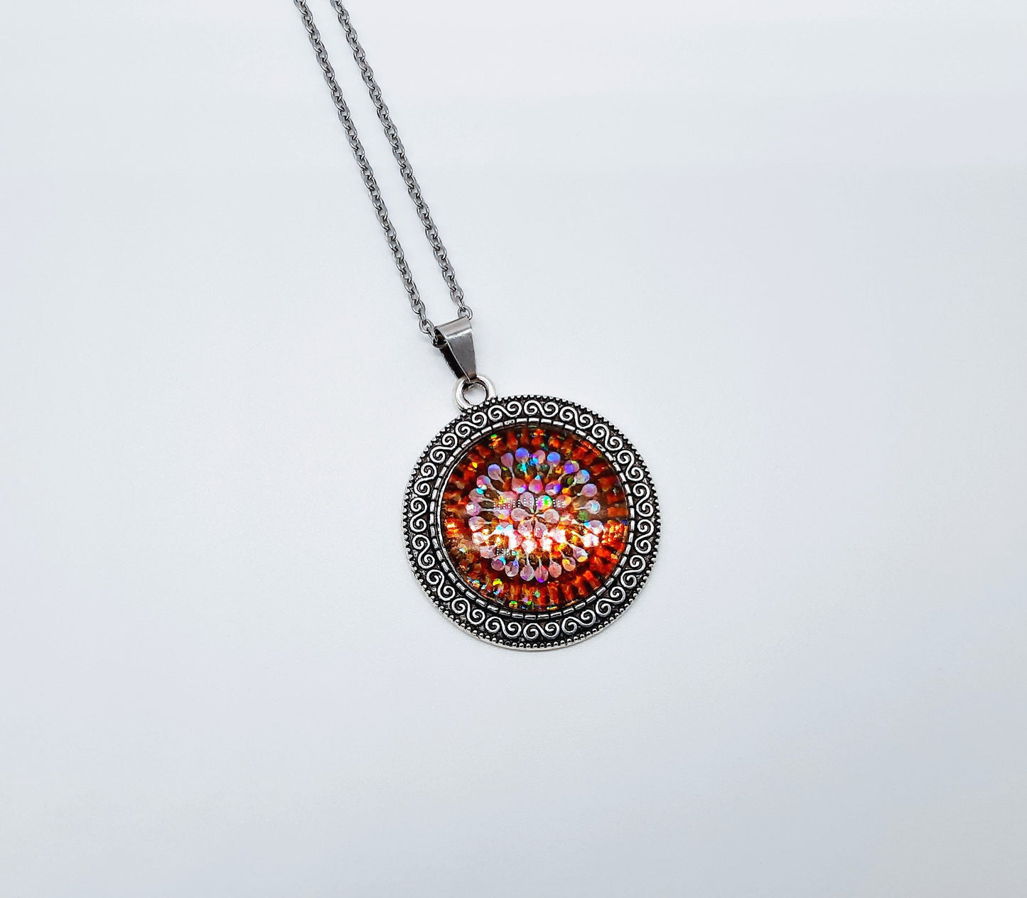 Handcrafted Glitter Mandala Pattern Design - Glass Cabochon Stainless Steel - Tibetan Style or Plain Pendant Necklace - Alloy, Silver Plated