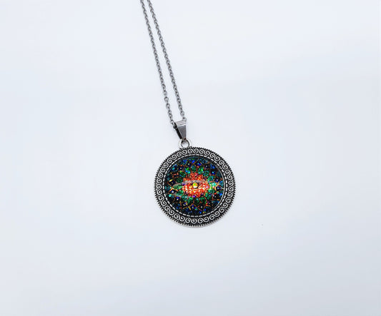 Handcrafted Glitter Mandala Pattern Design - Glass Cabochon Stainless Steel - Tibetan Style or Plain Pendant Necklace - Alloy, Silver Plated